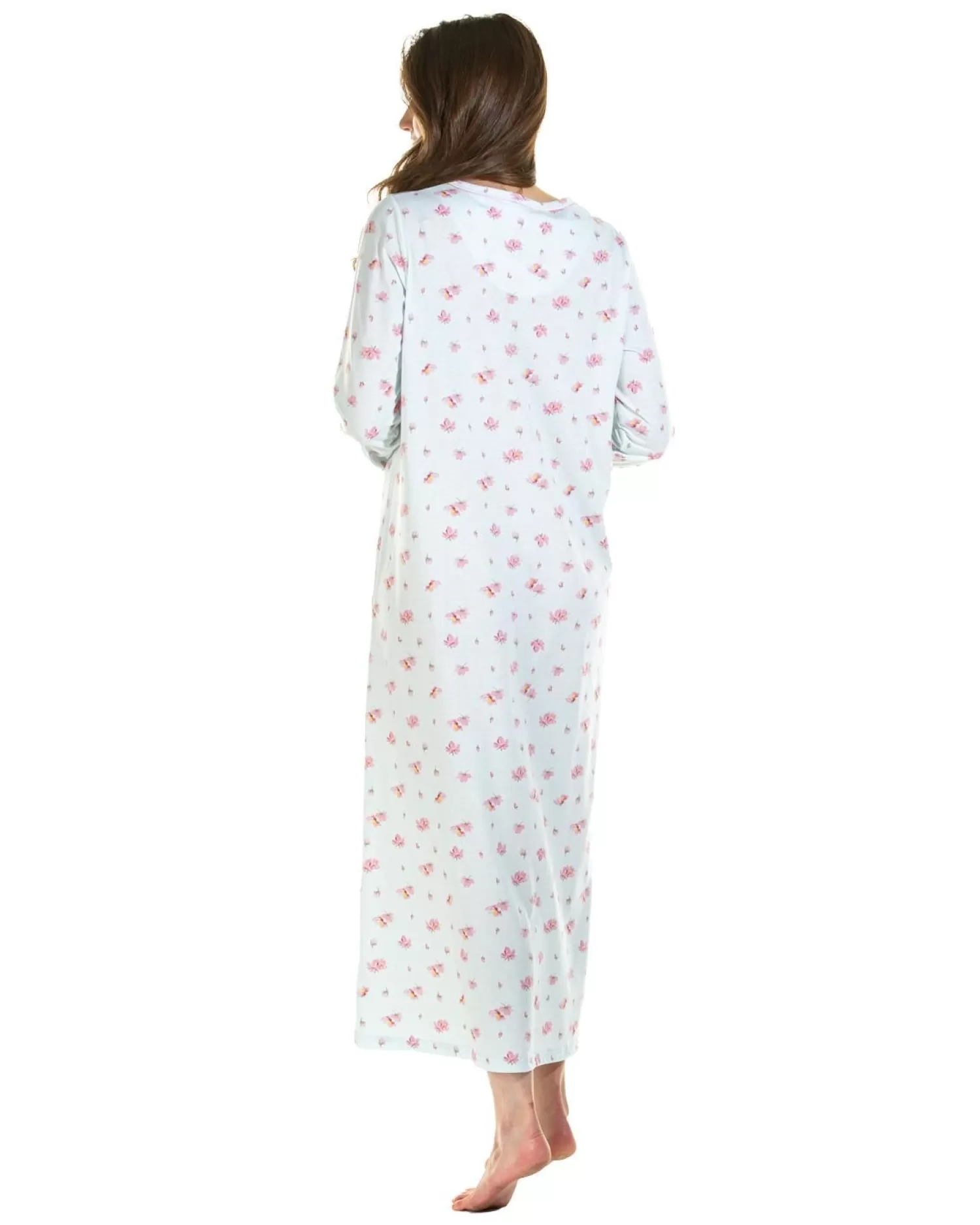 La Marquise Nighties | Pink Blush Jersey Long Sleeve Longer Length Nightie - Turquoise