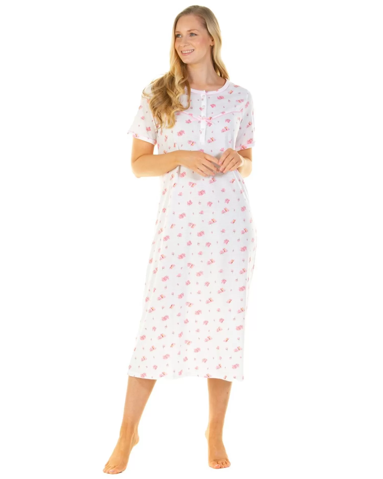 La Marquise Nighties | Pink Blush Jersey Short Sleeve Longer Length Nightie - Ivory