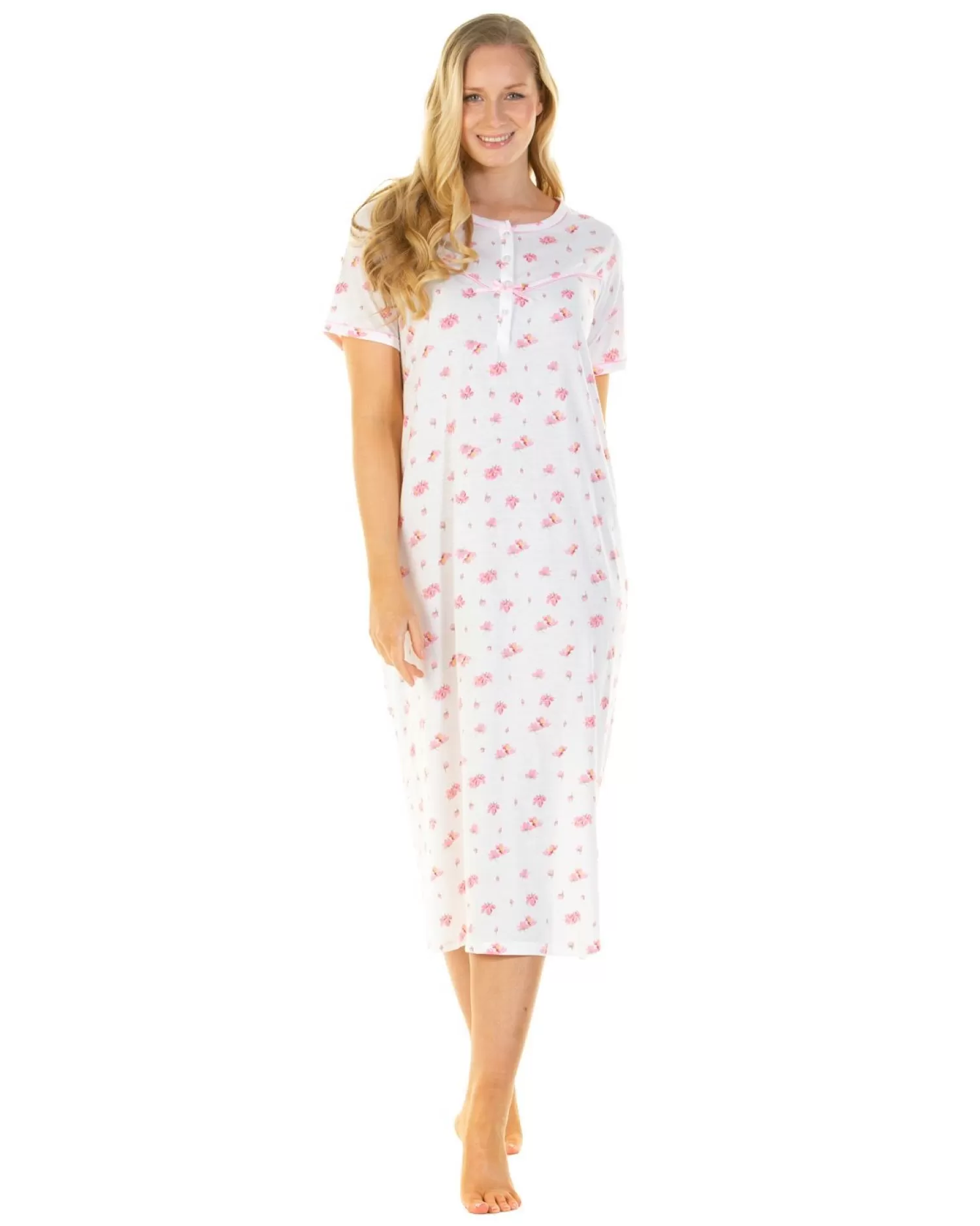La Marquise Nighties | Pink Blush Jersey Short Sleeve Longer Length Nightie - Ivory