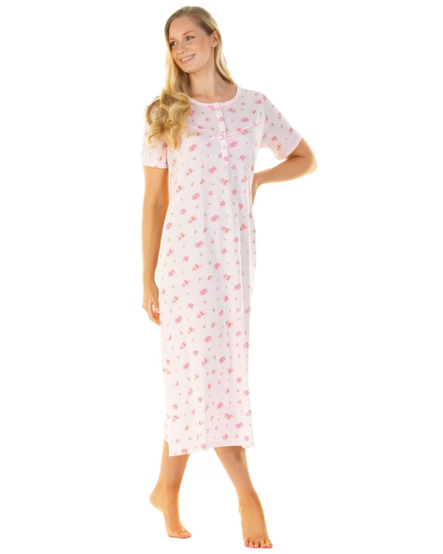 La Marquise Nighties | Pink Blush Jersey Short Sleeve Longer Length Nightie - Pink