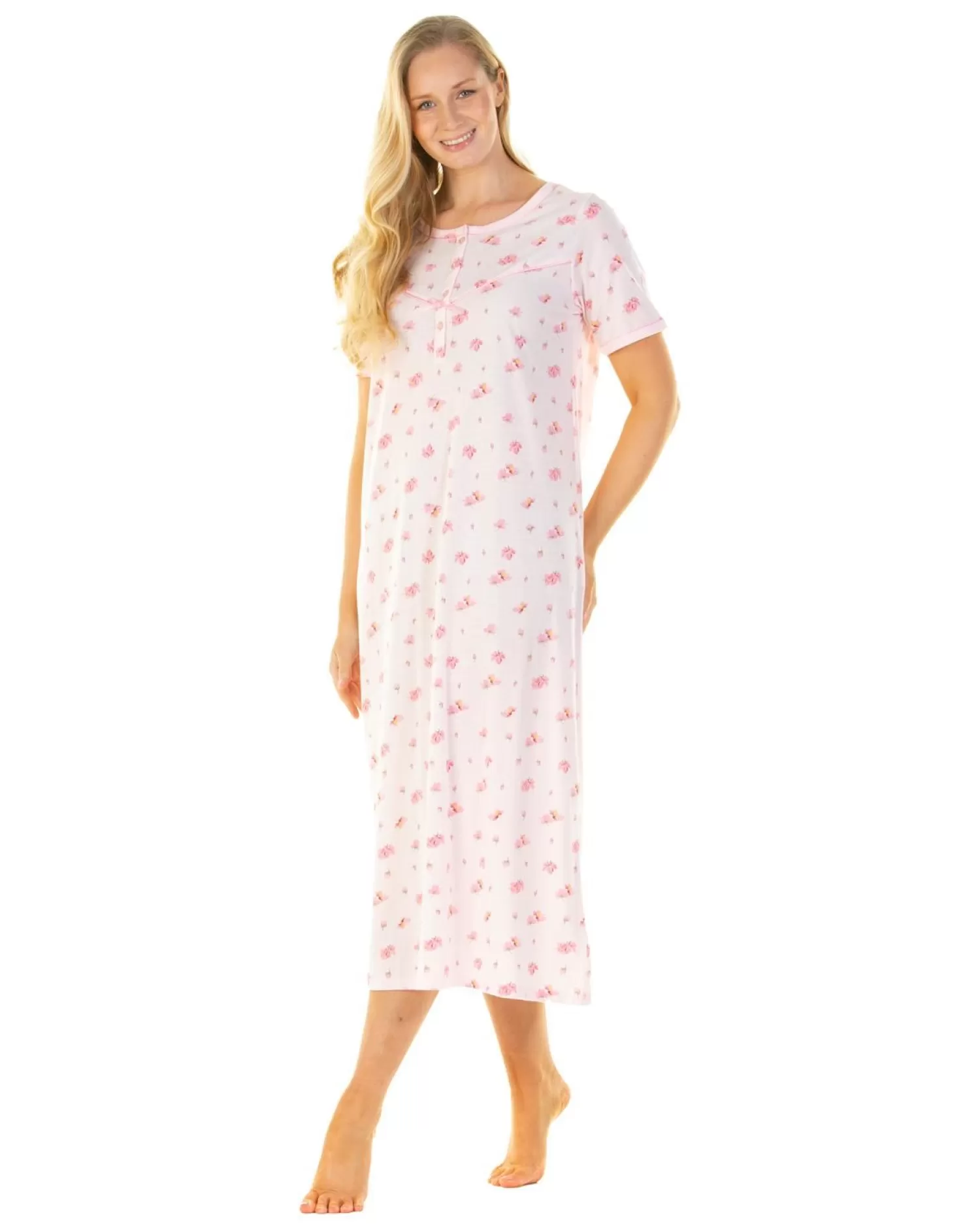 La Marquise Nighties | Pink Blush Jersey Short Sleeve Longer Length Nightie - Pink
