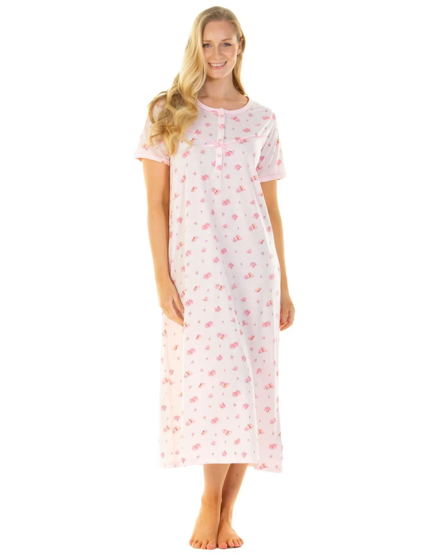 La Marquise Nighties | Pink Blush Jersey Short Sleeve Longer Length Nightie - Pink