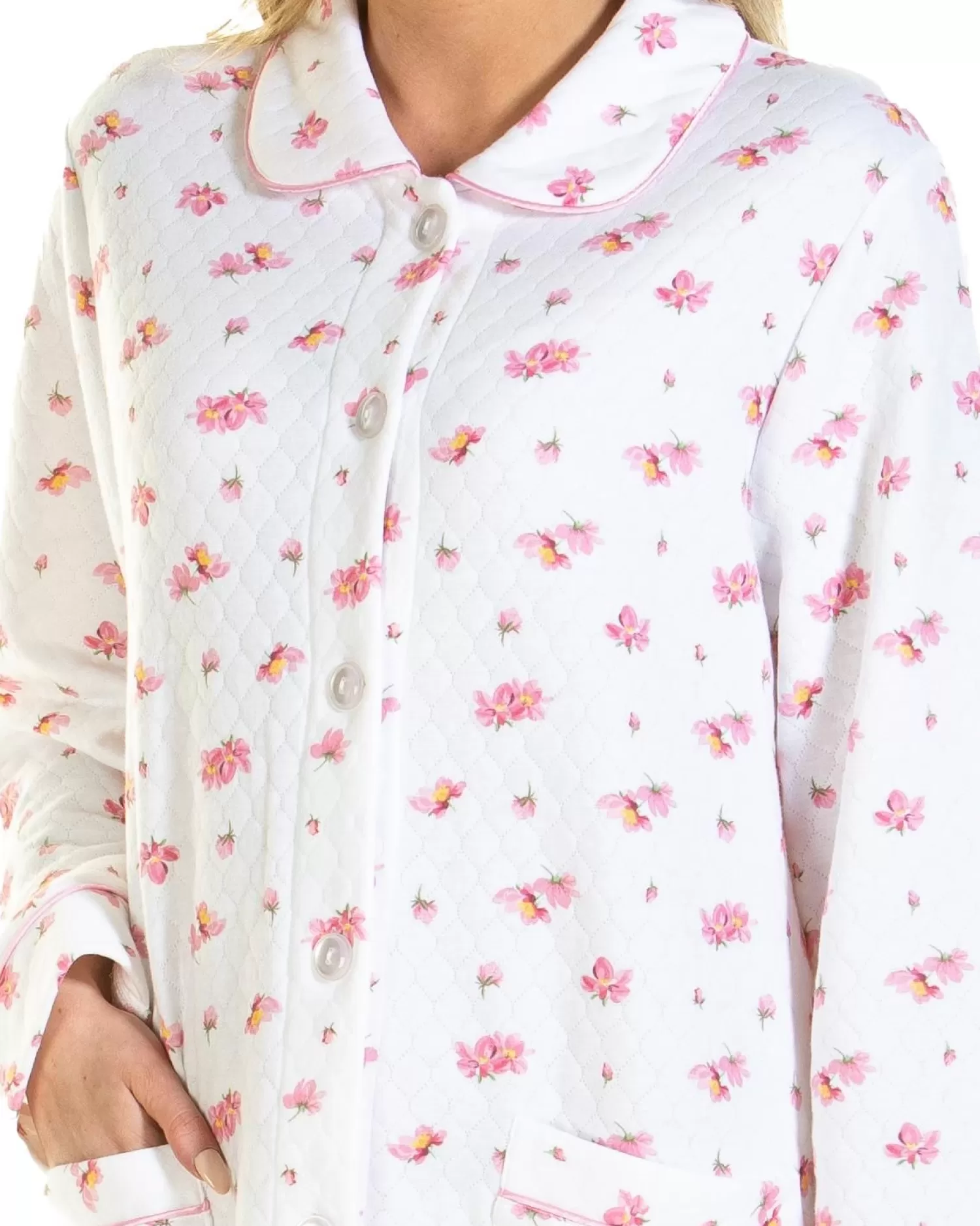 La Marquise Dressing Gowns | Pink Blush Mock Quilt Button Dressing Gown - Ivory