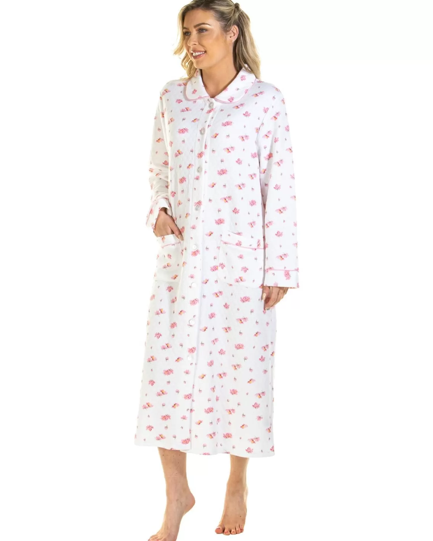 La Marquise Dressing Gowns | Pink Blush Mock Quilt Button Dressing Gown - Ivory