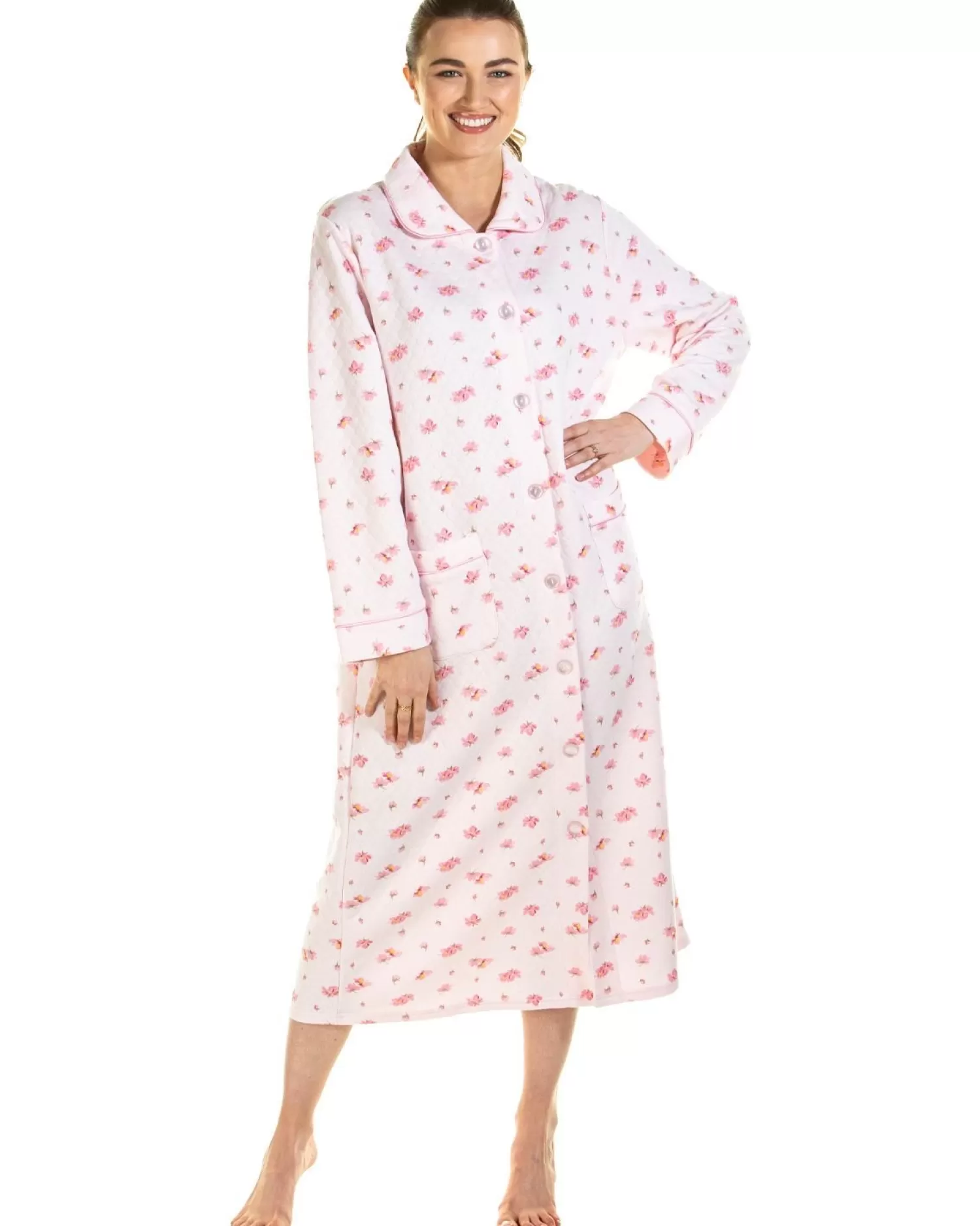 La Marquise Dressing Gowns | Pink Blush Mock Quilt Button Dressing Gown - Pink