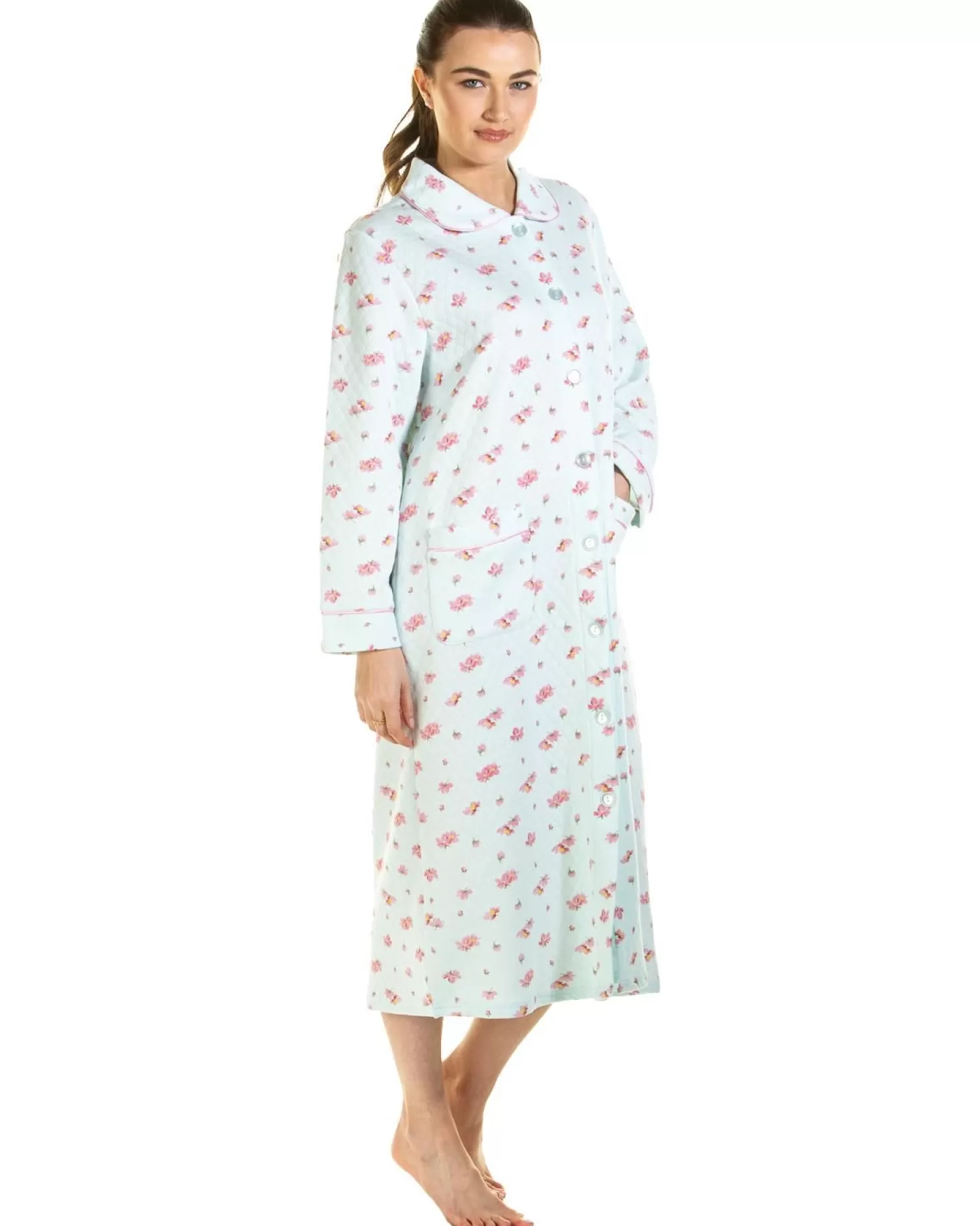 La Marquise Dressing Gowns | Pink Blush Mock Quilt Button Dressing Gown - Turquoise
