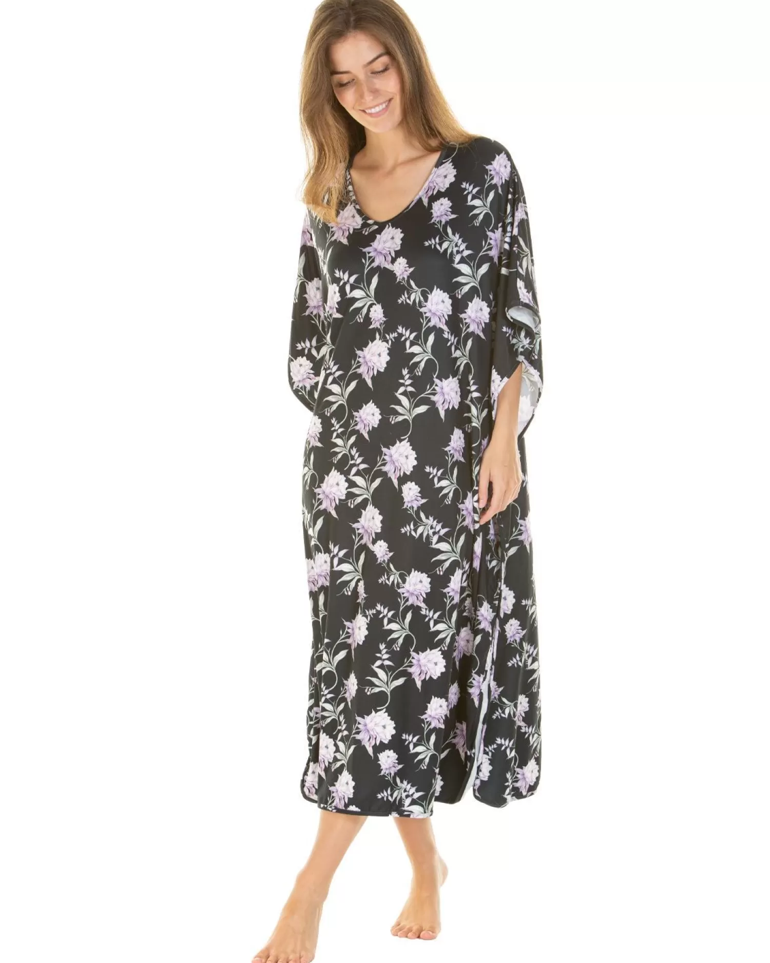 La Marquise Nighties | Silkyknit Floral Garden Kaftan - Black
