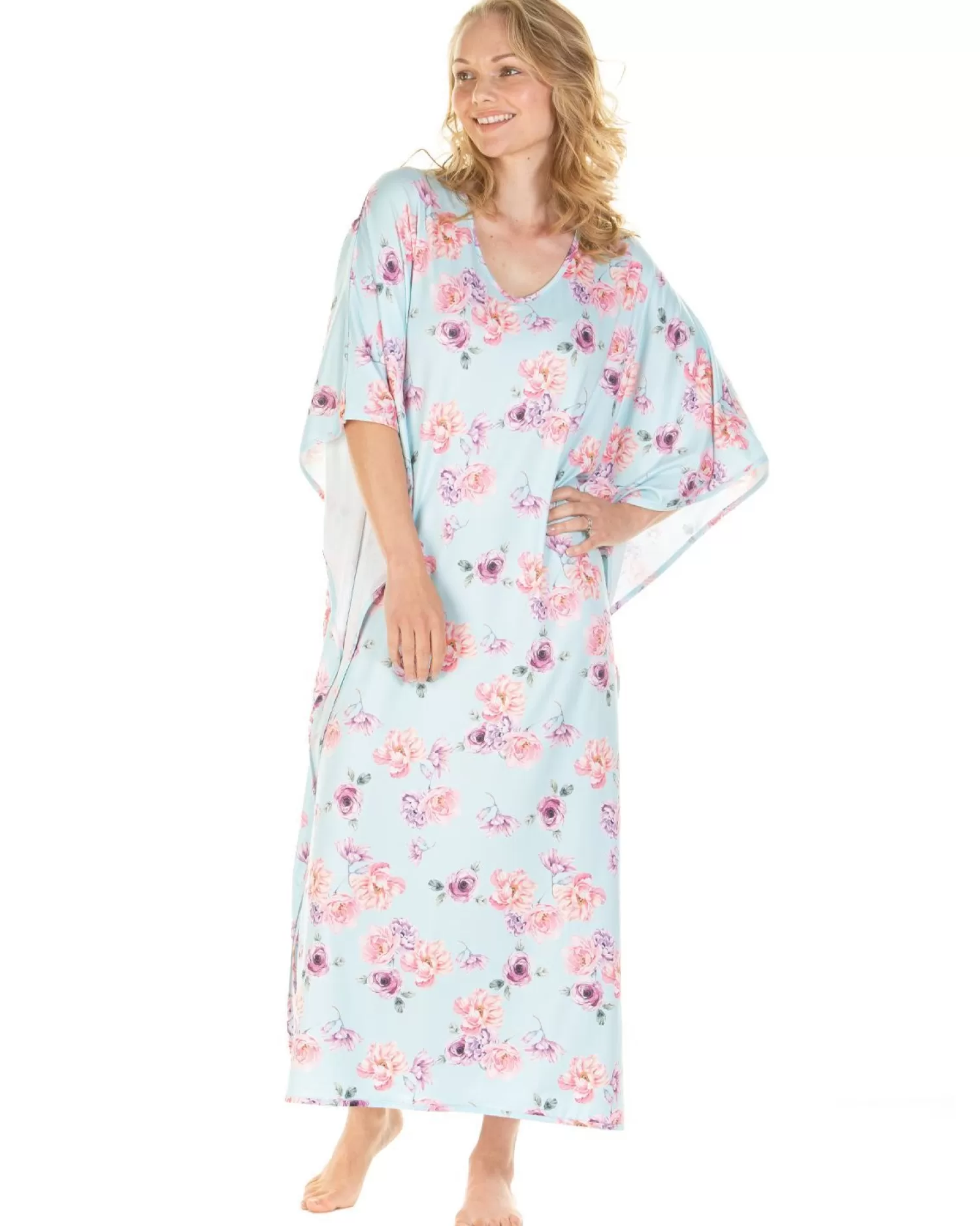 La Marquise Nighties | Silkyknit Floral Garden Kaftan - Blue