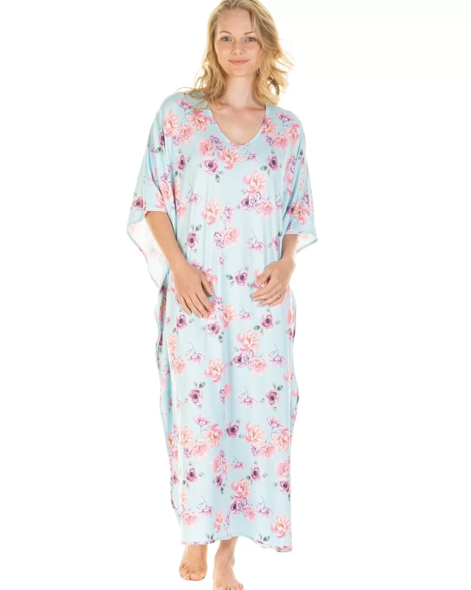 La Marquise Nighties | Silkyknit Floral Garden Kaftan - Blue