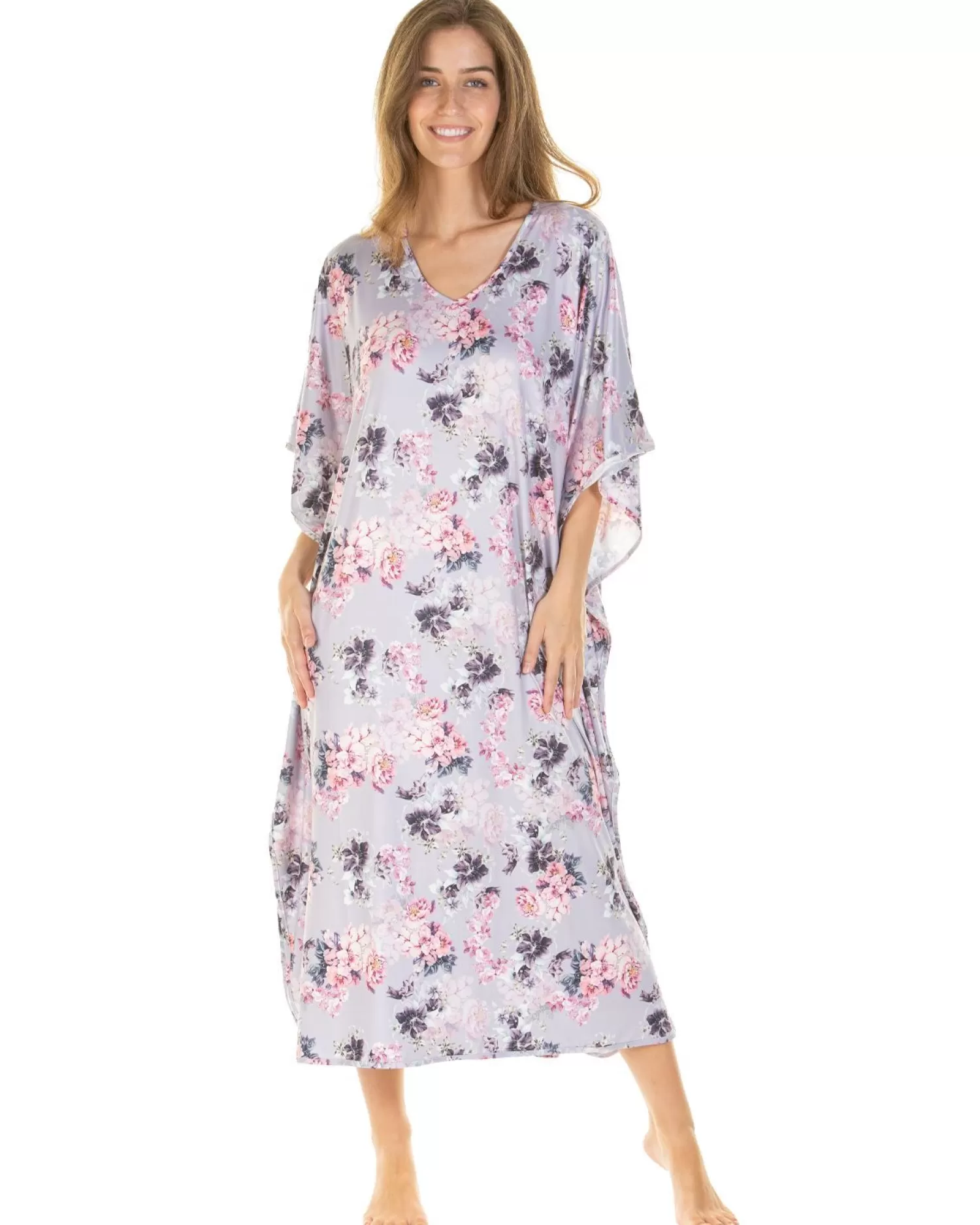La Marquise Nighties | Silkyknit Floral Garden Kaftan - Lilac