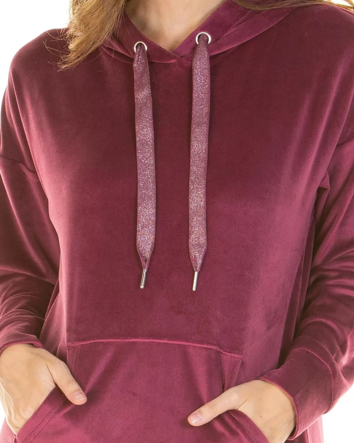 La Marquise Nighties | Velour Lounge Hooded Lounge Dress - Burgundy