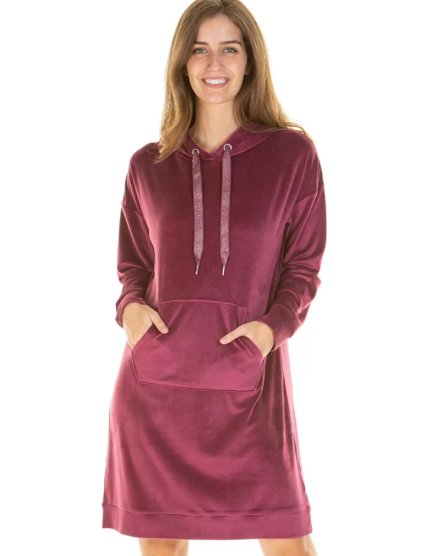 La Marquise Nighties | Velour Lounge Hooded Lounge Dress - Burgundy