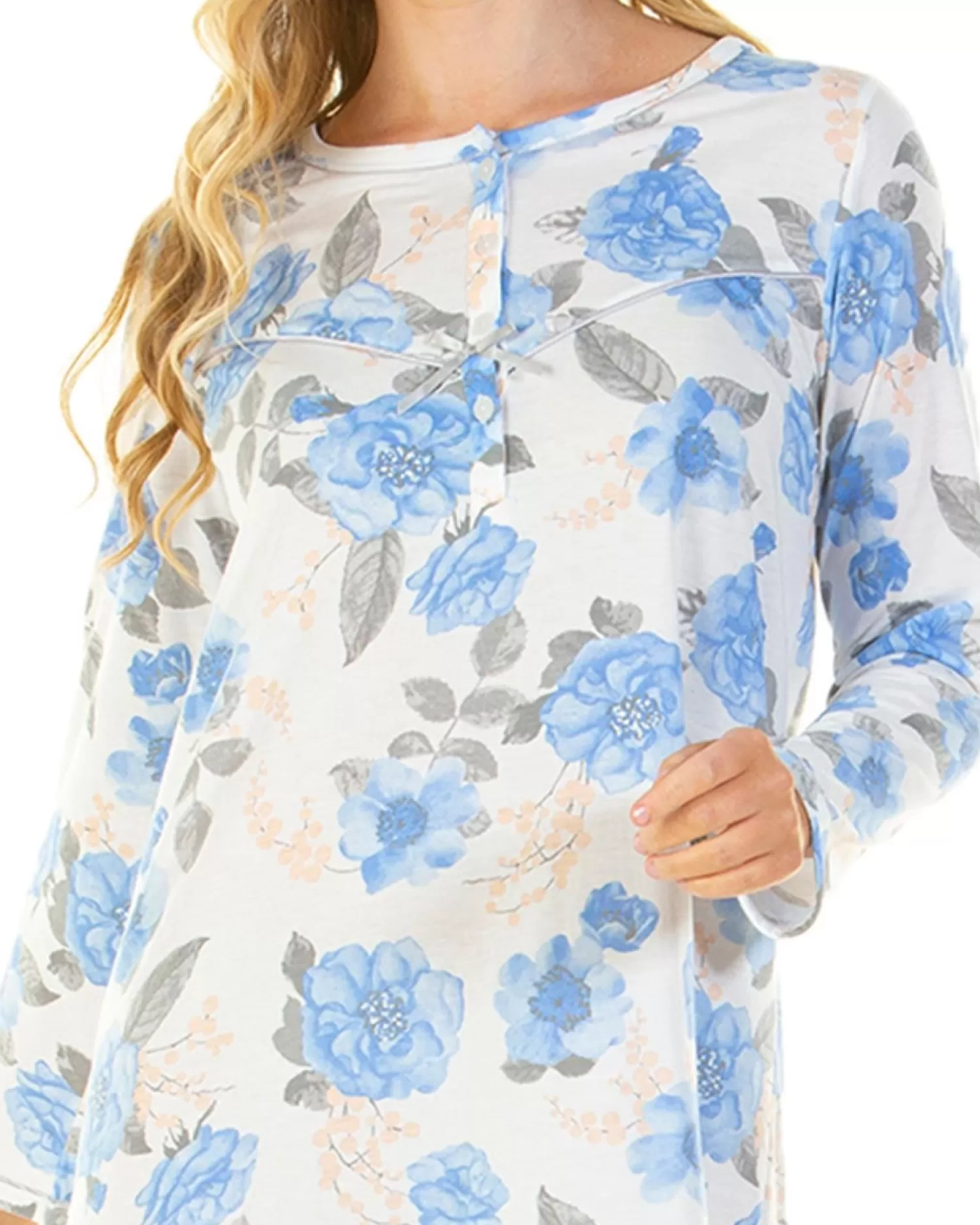 Lady Olga Nighties | Roses Jersey Long Sleeve Nightie - Blue