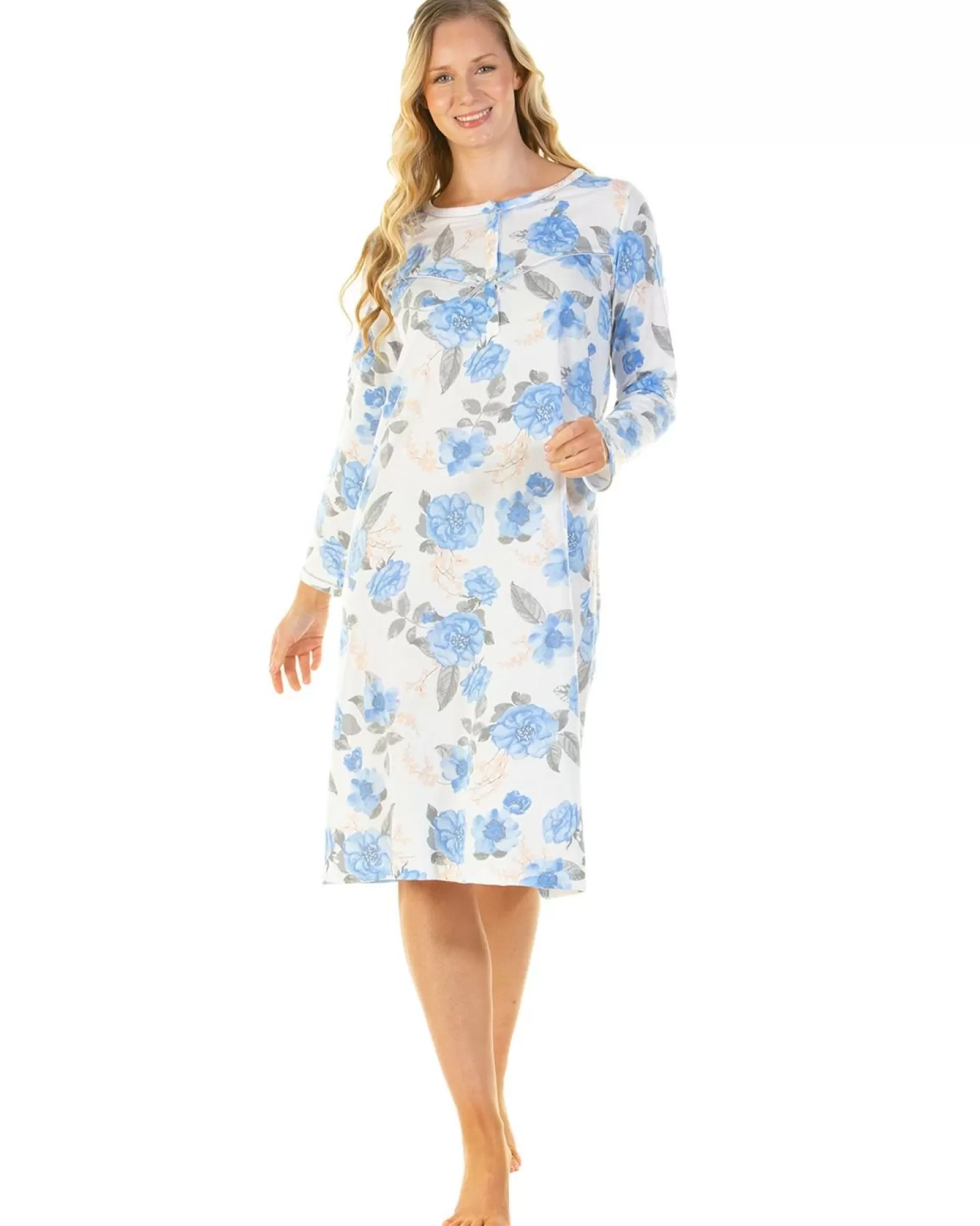 Lady Olga Nighties | Roses Jersey Long Sleeve Nightie - Blue