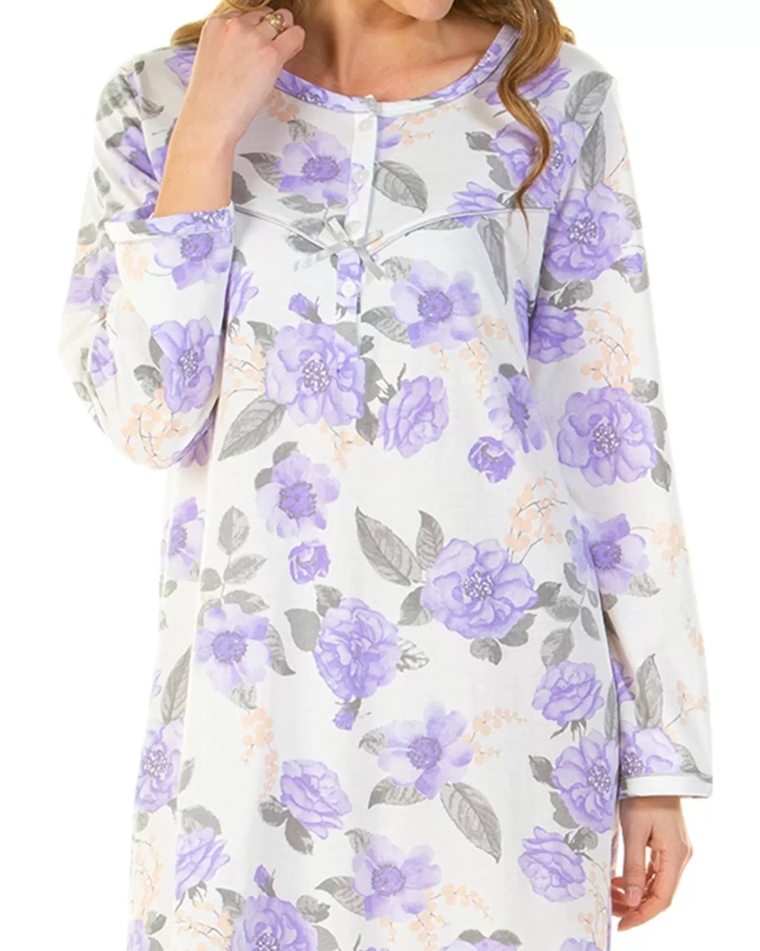Lady Olga Nighties | Roses Jersey Long Sleeve Nightie - Lilac