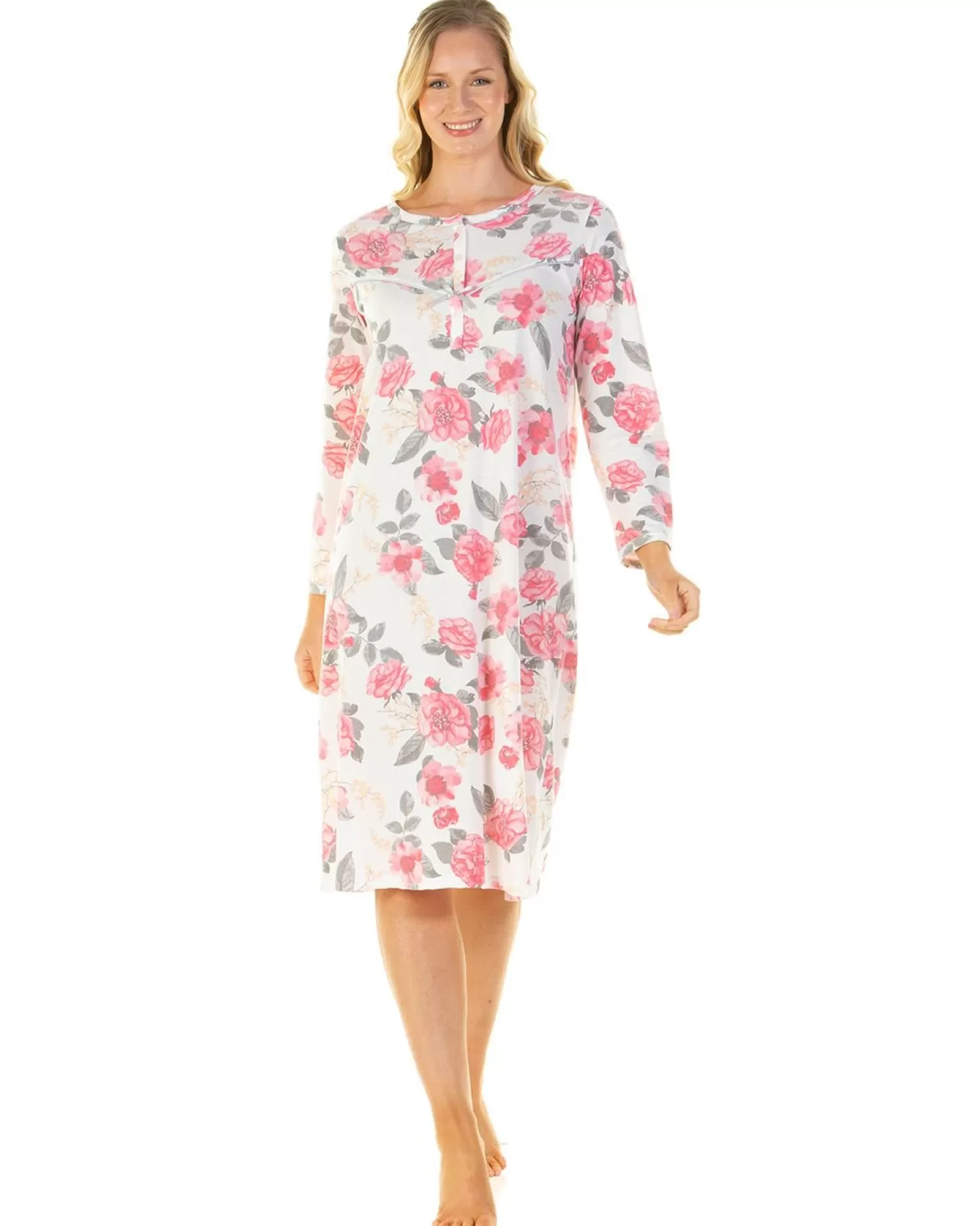Lady Olga Nighties | Roses Jersey Long Sleeve Nightie - Pink
