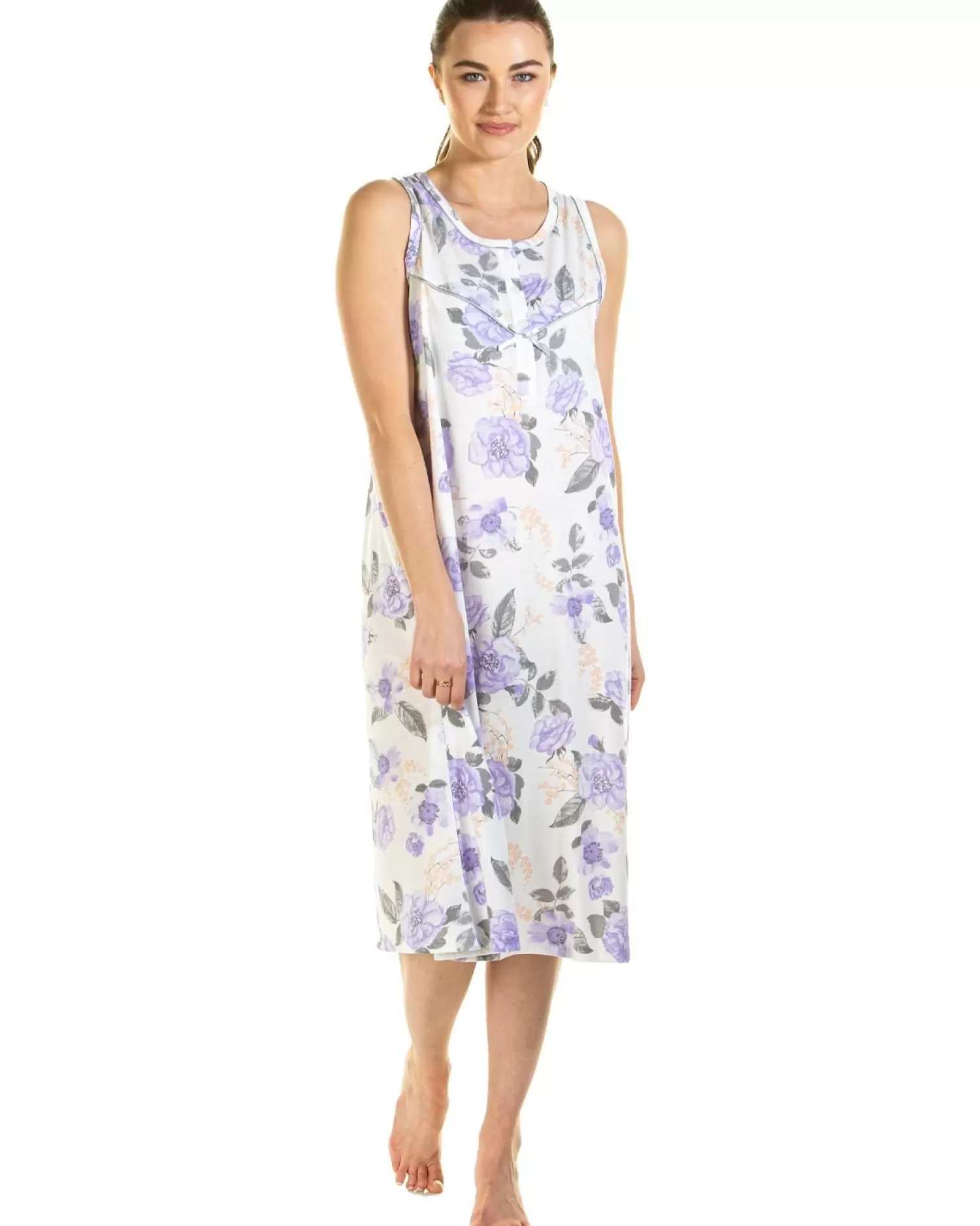 Lady Olga Nighties | Roses Jersey Sleeveless Nightie - Lilac