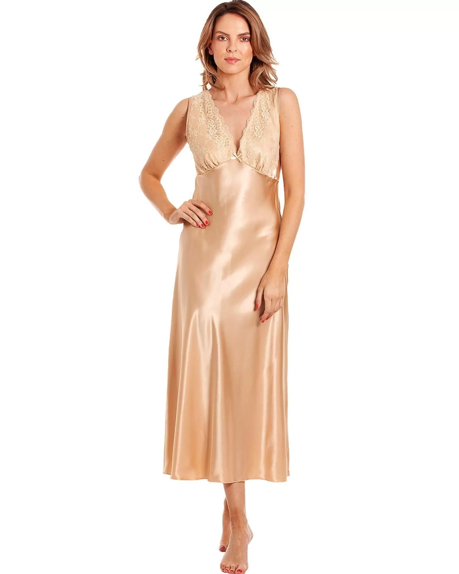 Lady Olga Nighties | Satin Wide Strap Nightdress - Gold