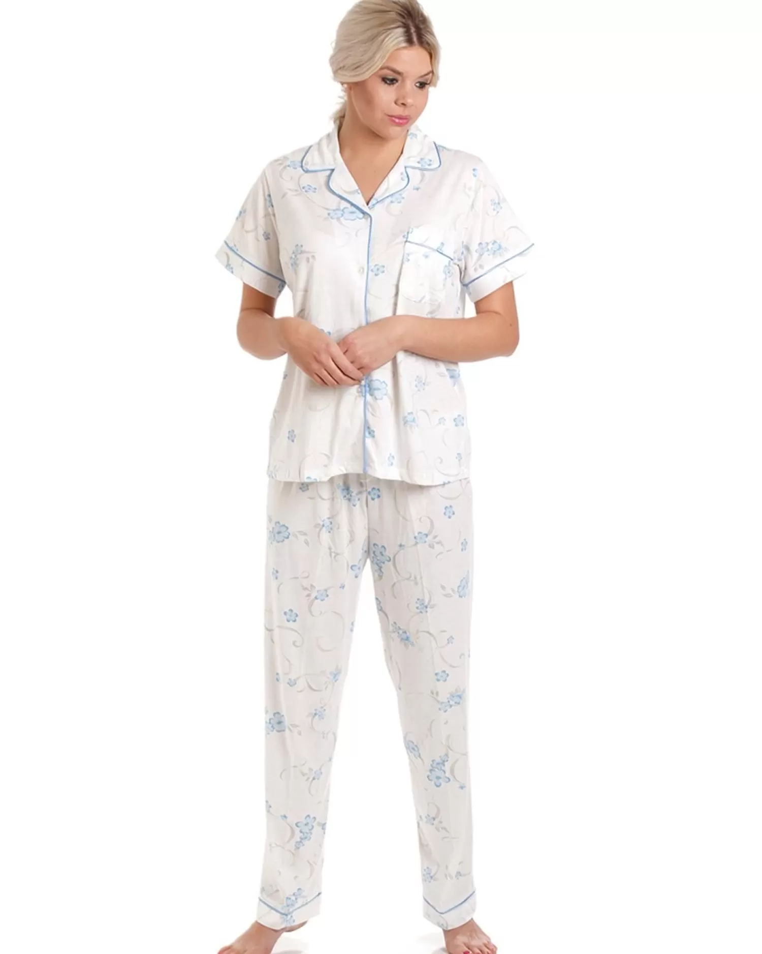 Lady Olga Pyjamas | Short Sleeve Jersey Floral Pyjamas - Blue