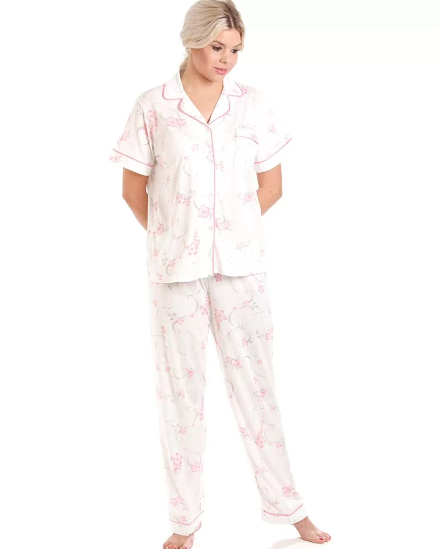 Lady Olga Pyjamas | Short Sleeve Jersey Floral Pyjamas - Pink