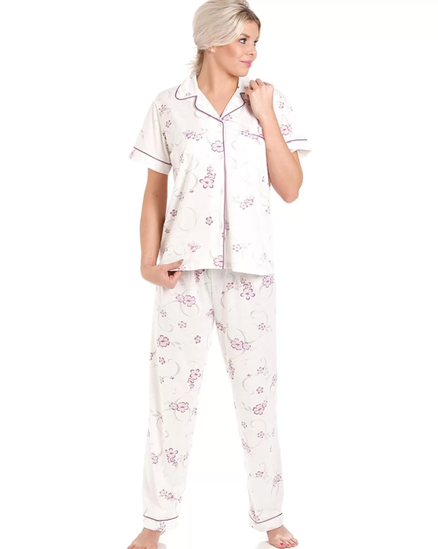 Lady Olga Pyjamas | Short Sleeve Jersey Floral Pyjamas - Purple