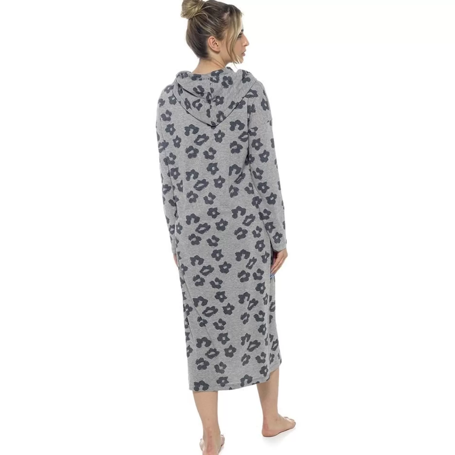 Foxbury Loungewear | Leopard Print Extra Long Hooded Lounge Nightie - Grey