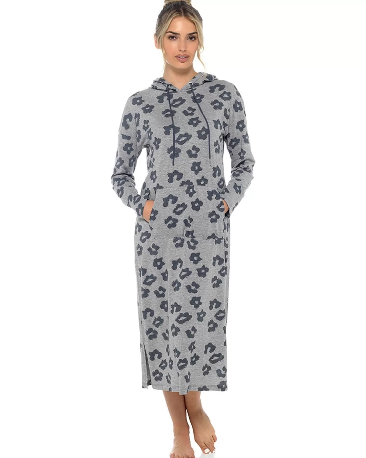 Foxbury Loungewear | Leopard Print Extra Long Hooded Lounge Nightie - Grey