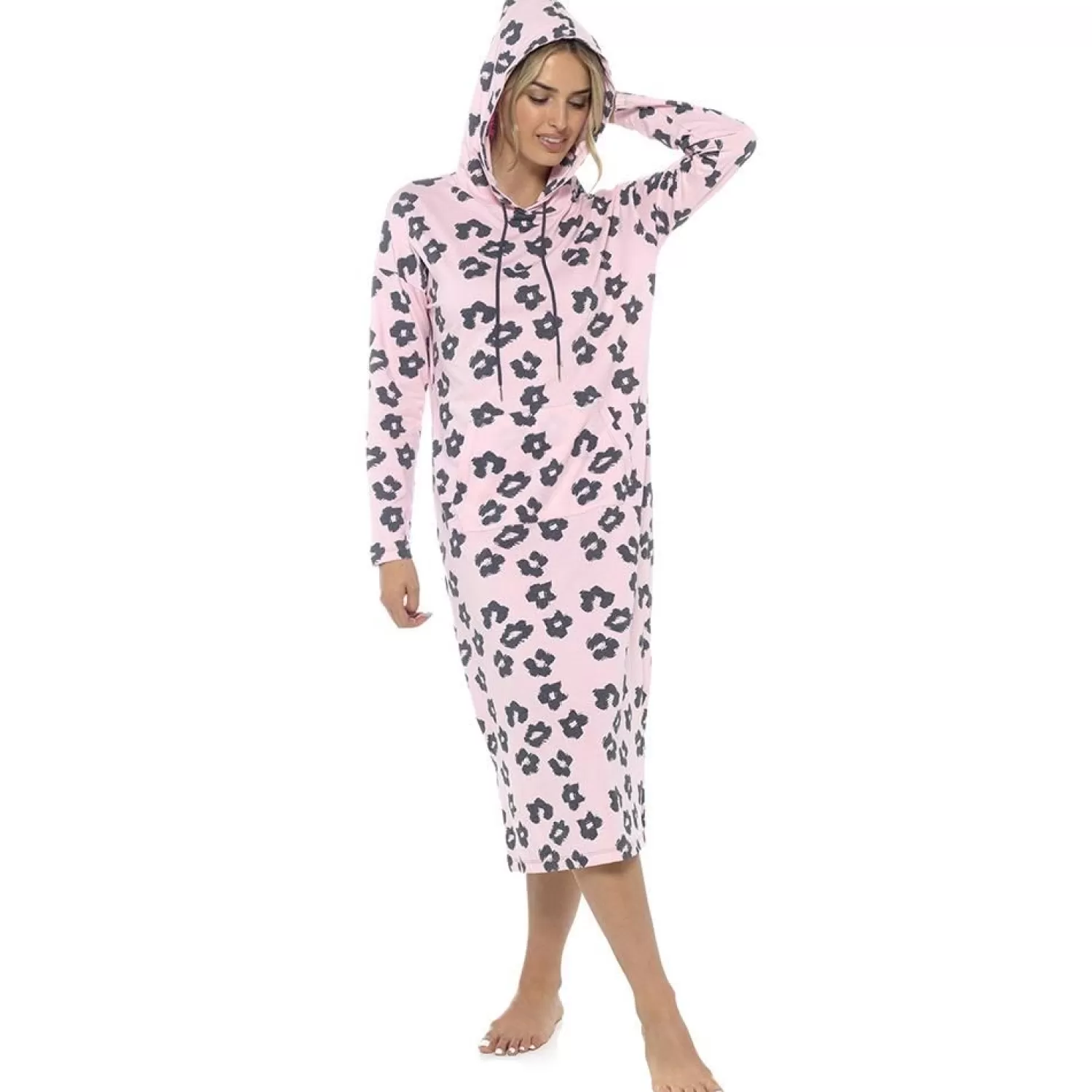 Foxbury Loungewear | Leopard Print Extra Long Hooded Lounge Nightie - Pink