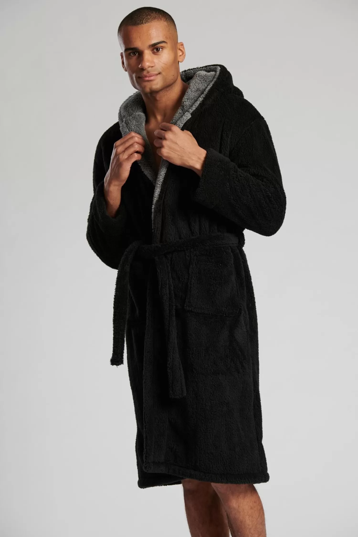 Men Loungeable Contrast Hooded Dressing Gown - Black