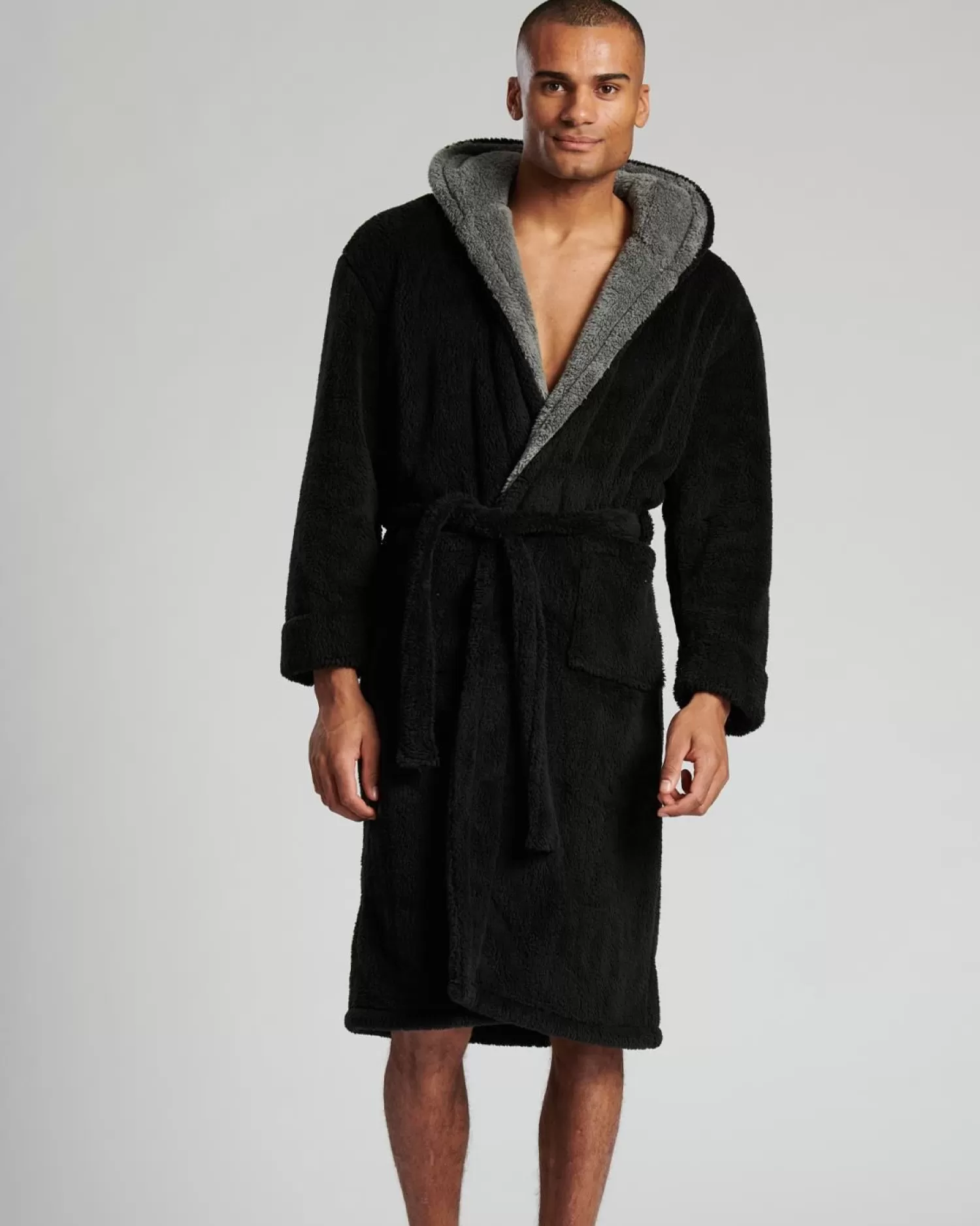Men Loungeable Contrast Hooded Dressing Gown - Black