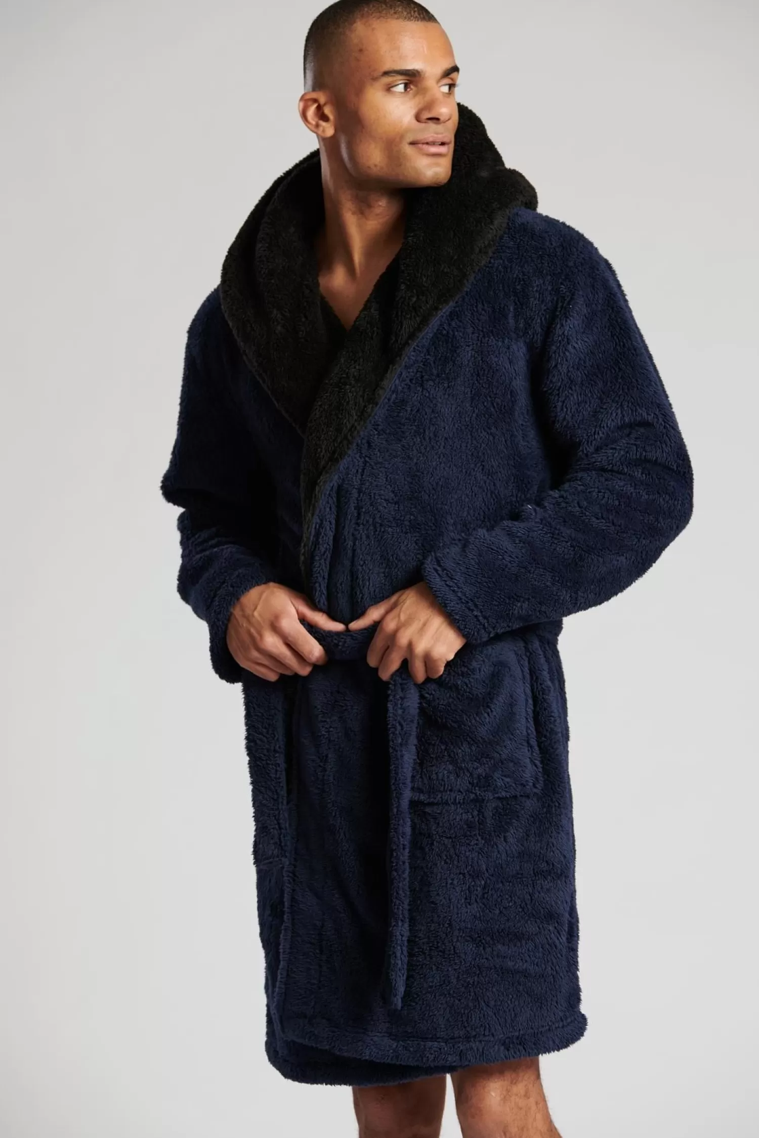 Men Loungeable Contrast Hooded Dressing Gown - Navy