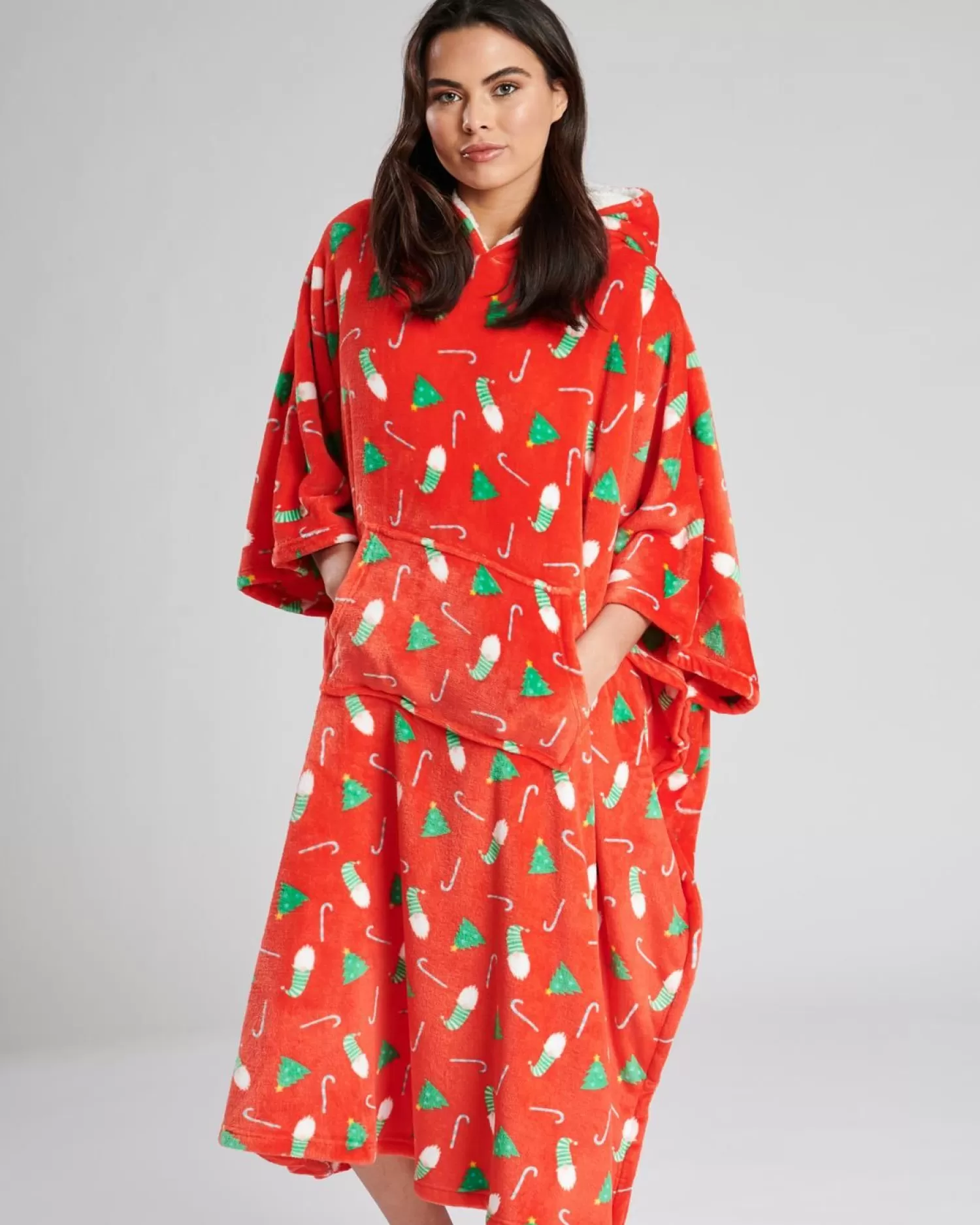 Loungeable Loungewear | Red Christmas Print Fleece Hooded Long Poncho