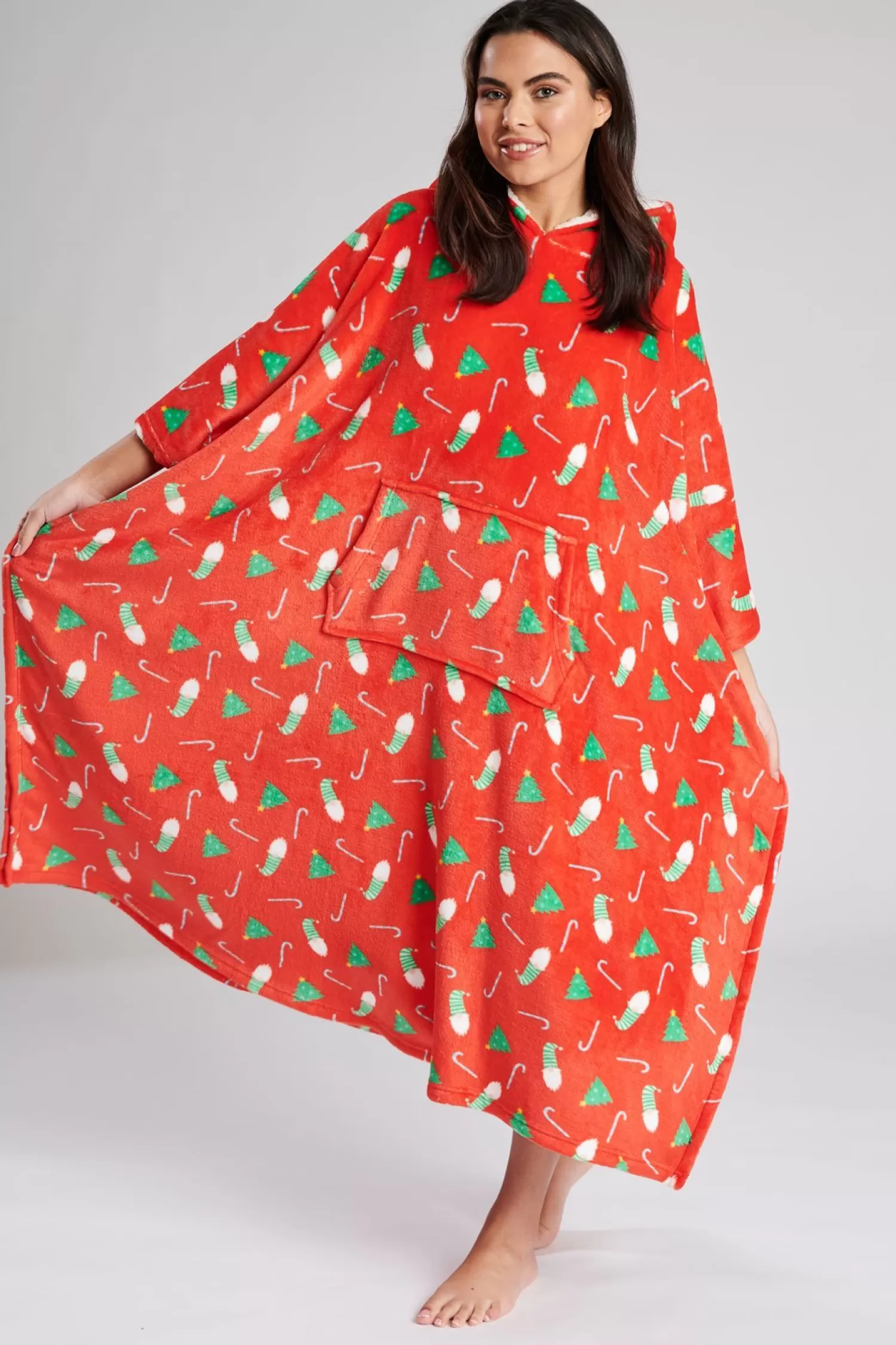 Loungeable Loungewear | Red Christmas Print Fleece Hooded Long Poncho