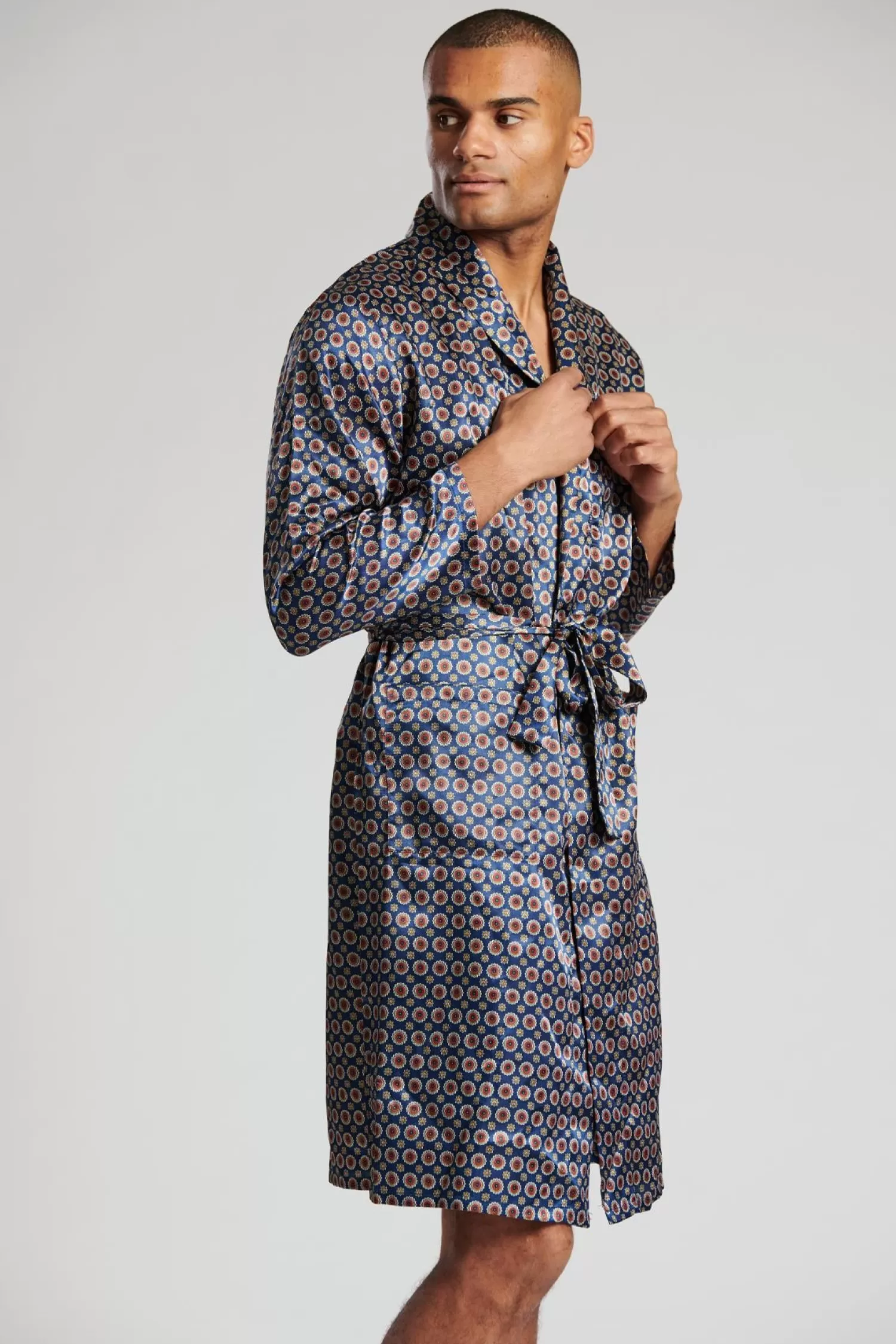 Men Loungeable Satin Paisley Print Dressing Gown - Navy