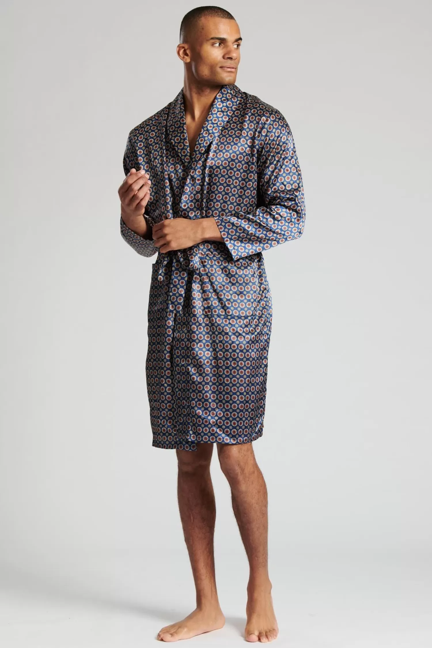 Men Loungeable Satin Paisley Print Dressing Gown - Navy