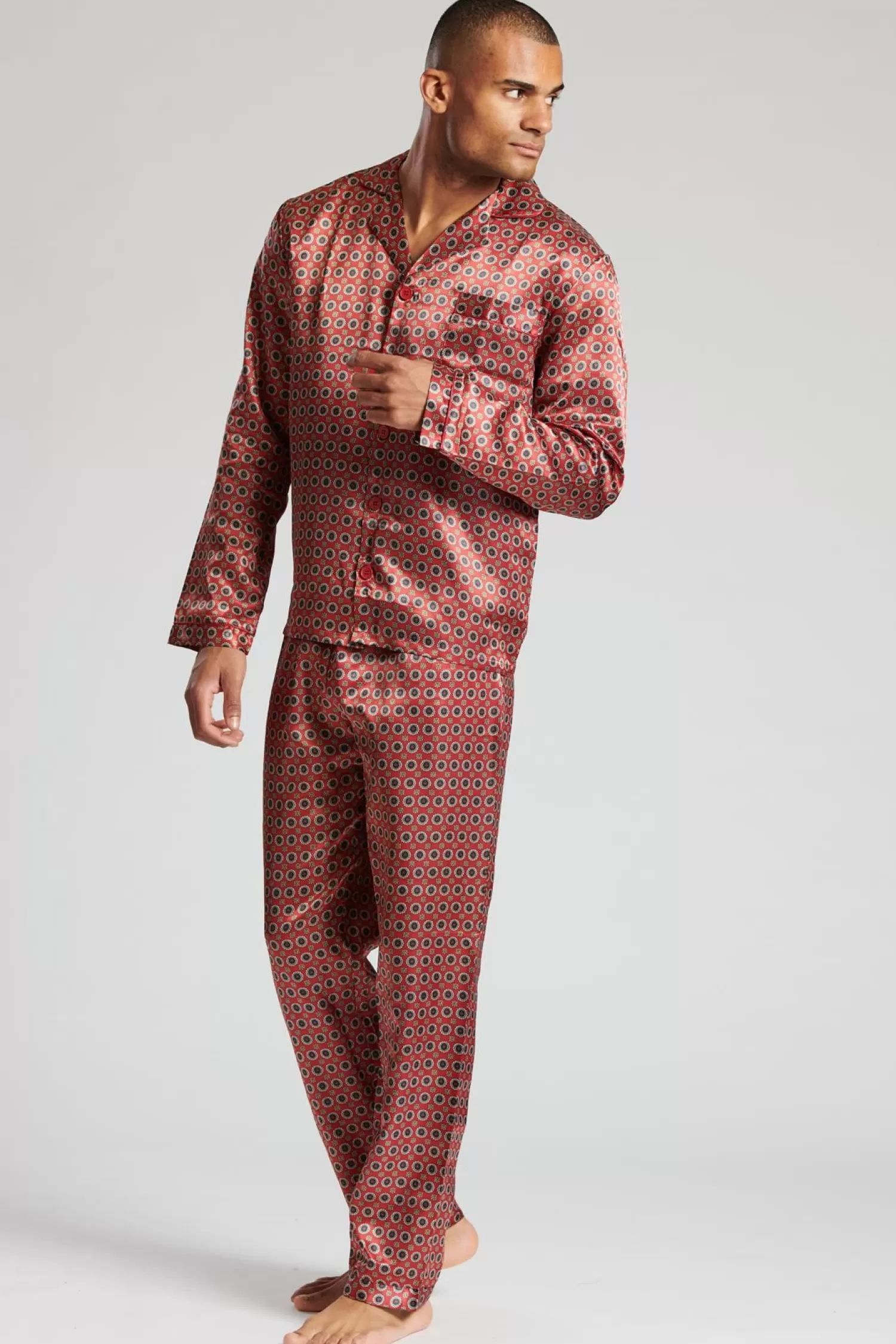 Men Loungeable Satin Paisley Print Tailored Pyjamas - Burgundy