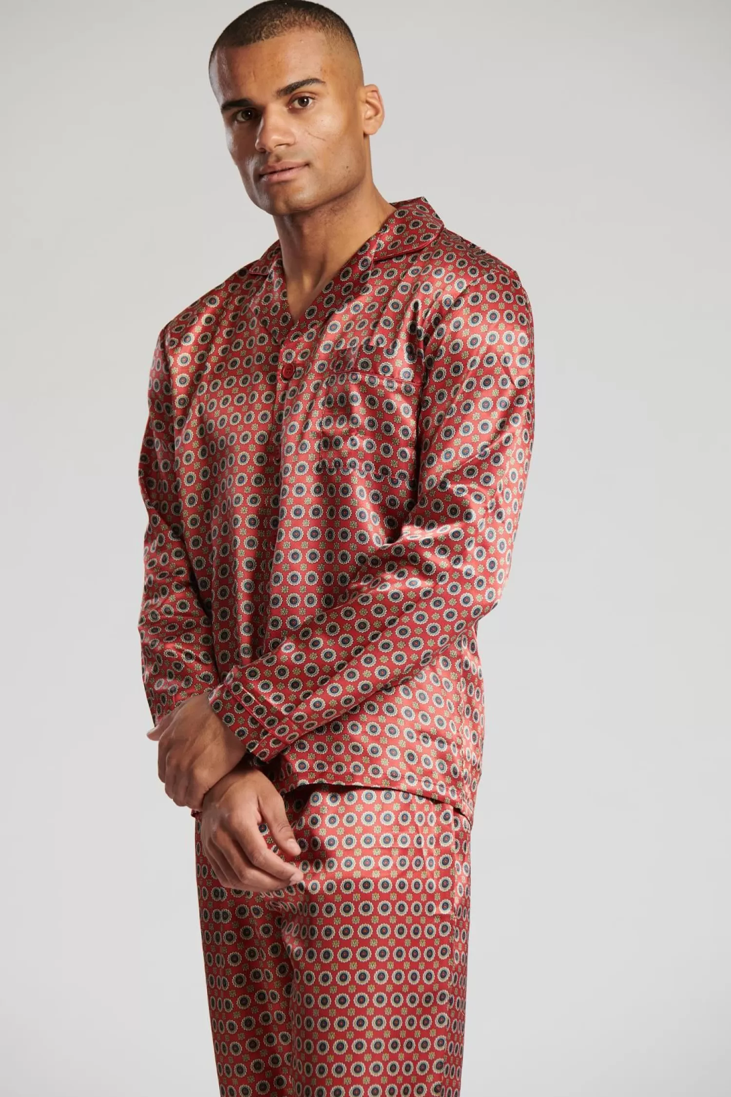 Men Loungeable Satin Paisley Print Tailored Pyjamas - Burgundy