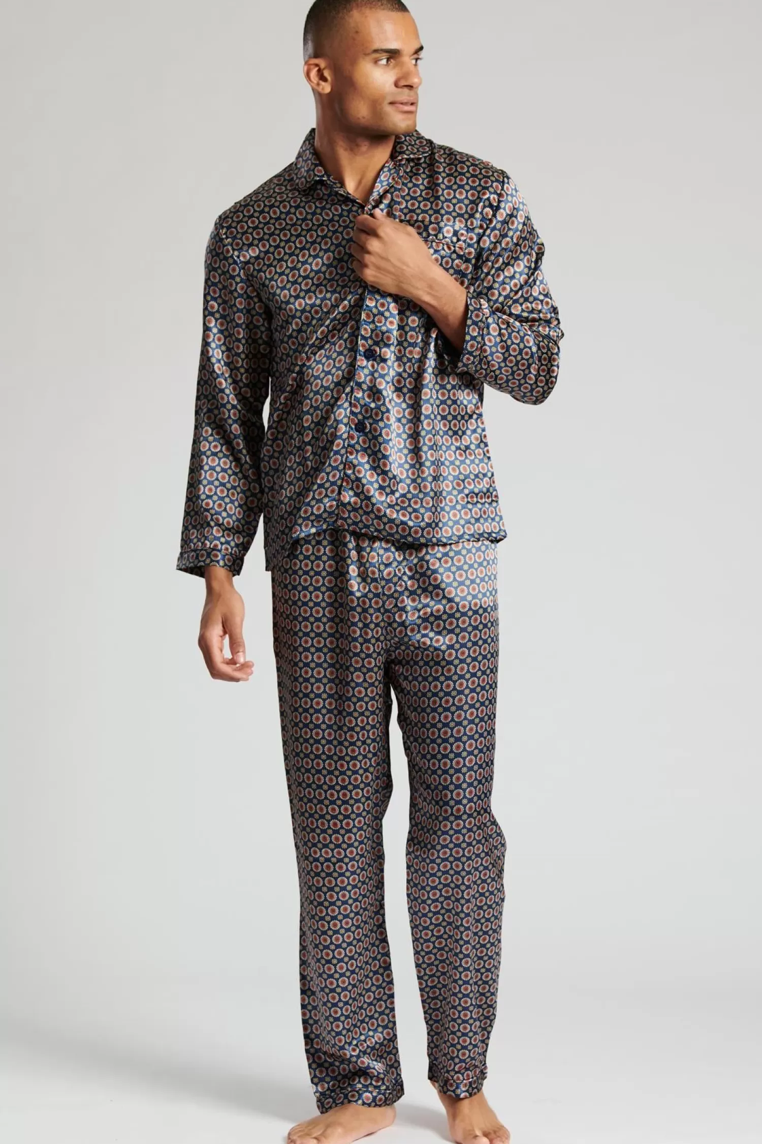 Men Loungeable Satin Paisley Print Tailored Pyjamas - Navy
