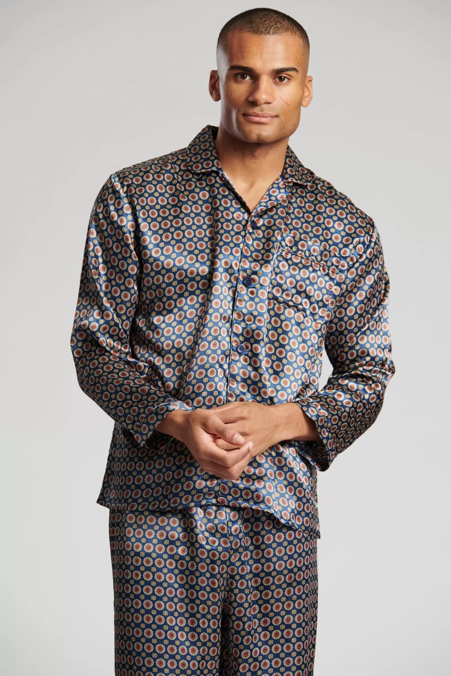 Men Loungeable Satin Paisley Print Tailored Pyjamas - Navy