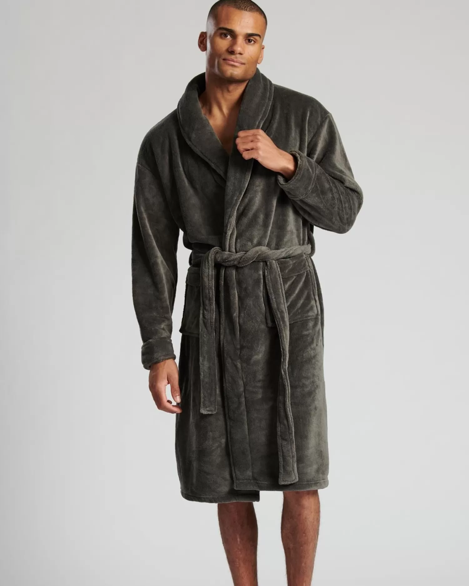 Men Loungeable Shawl Collar Fleece Dressing Gown - Grey