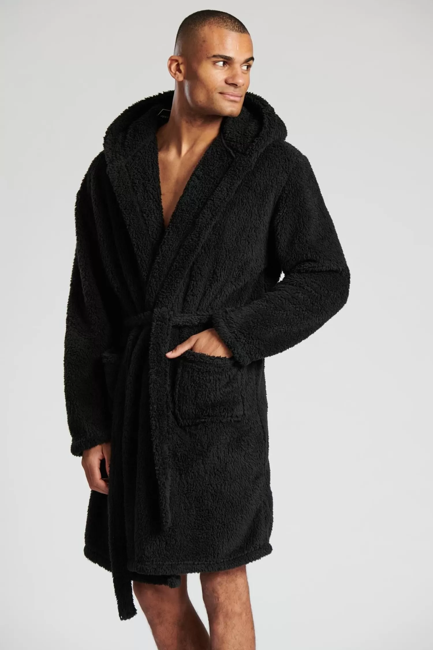 Men Loungeable Sherpa Hooded Dressing Gown - Black