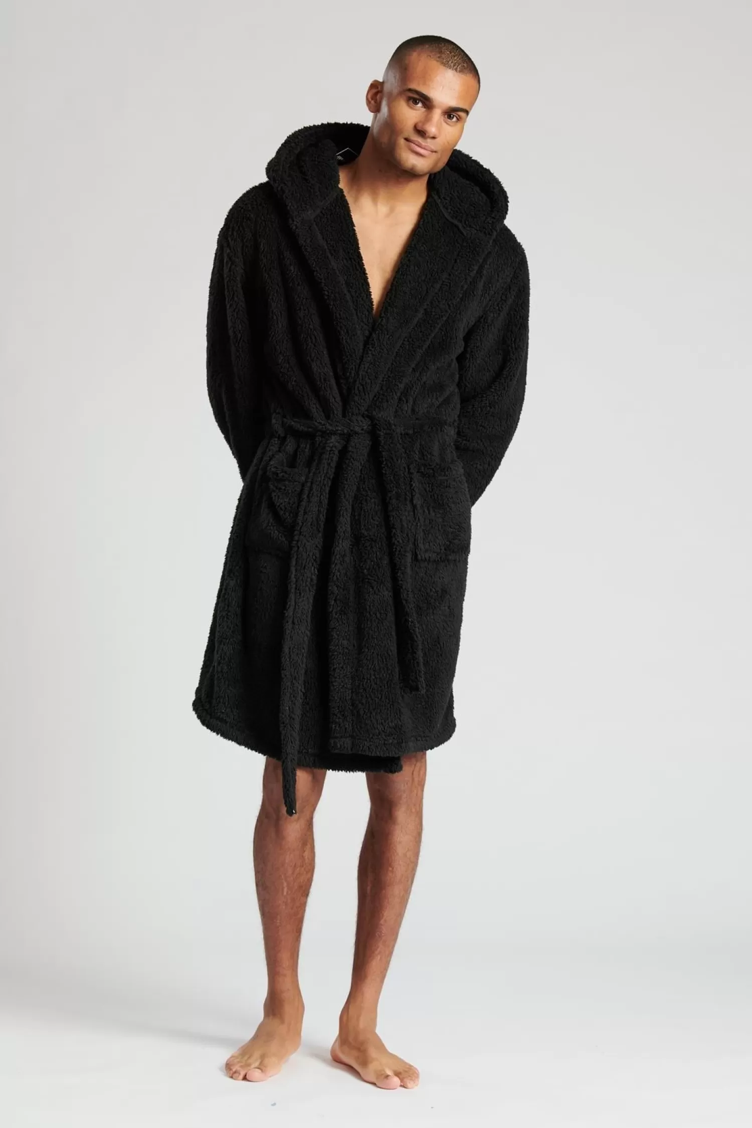 Men Loungeable Sherpa Hooded Dressing Gown - Black