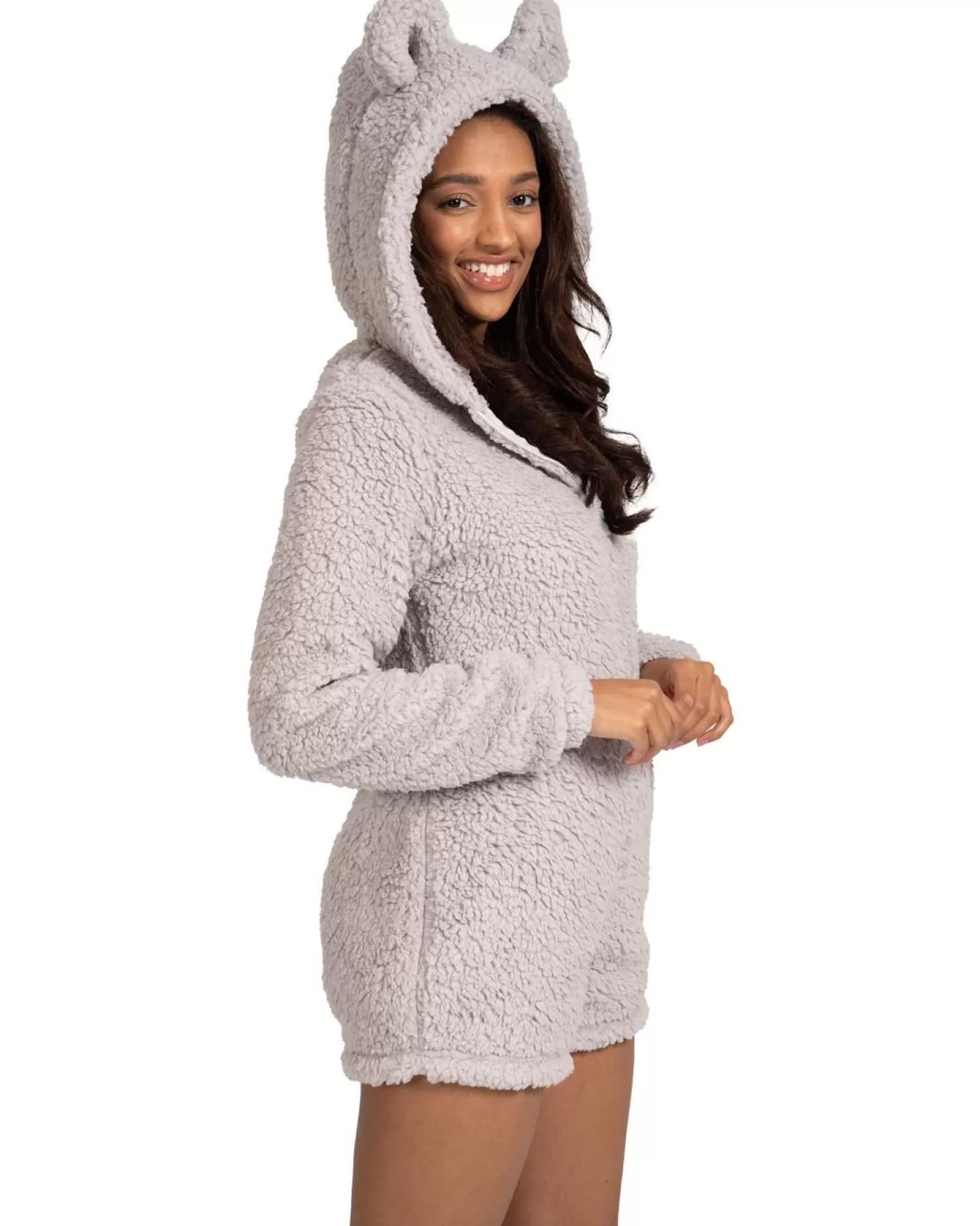 Loungeable Onesies | Sherpa Teddy Romper - Silver