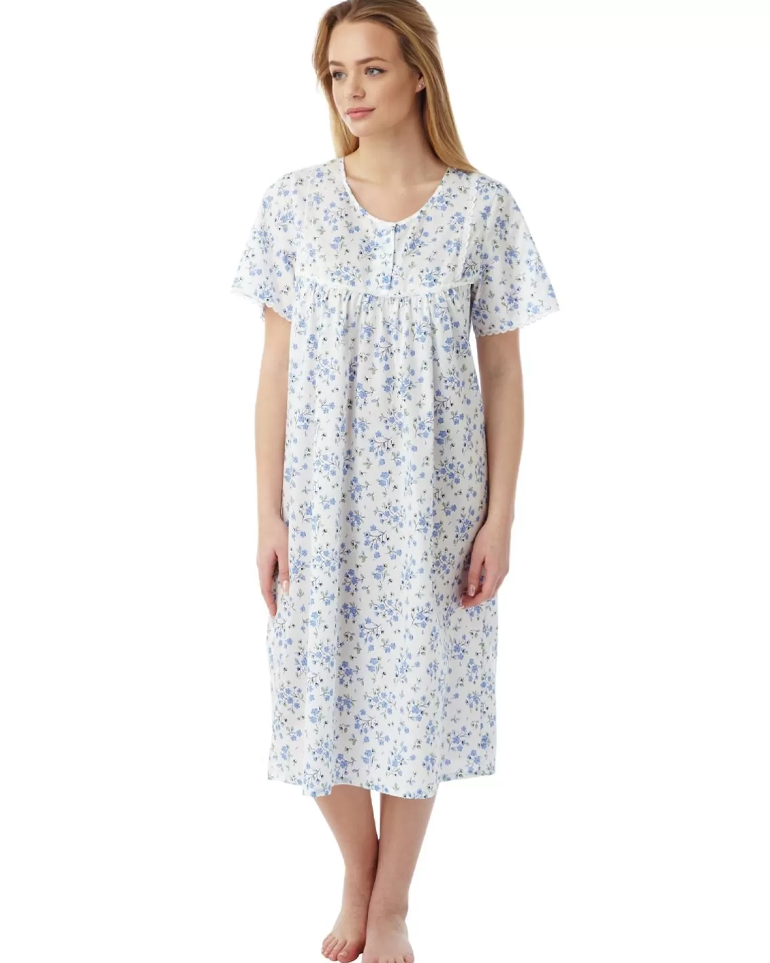 Marlon Nighties | Short Sleeve 45" Woven Nightie - Blue Sprig