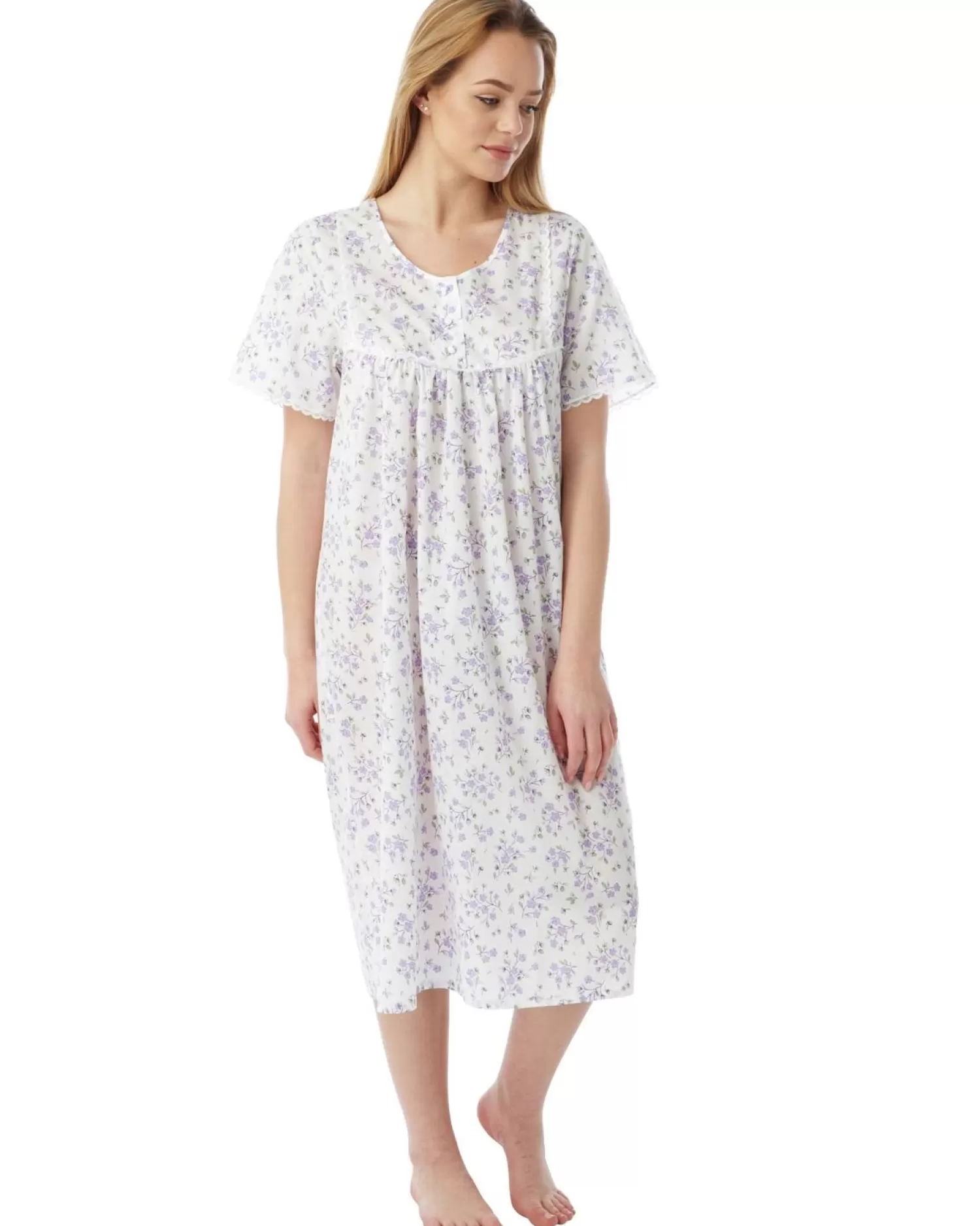 Marlon Nighties | Short Sleeve 45" Woven Nightie - Lilac Sprig