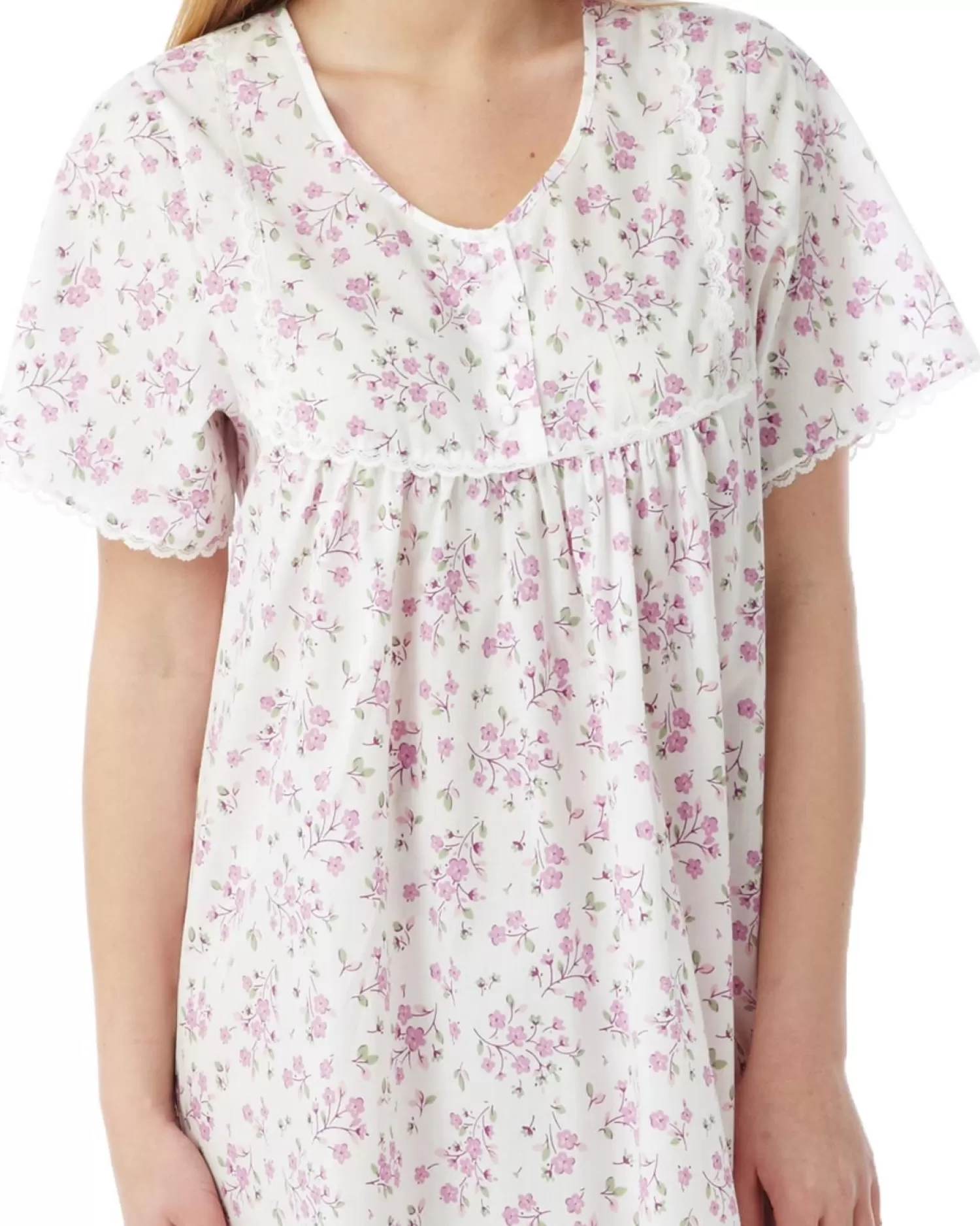 Marlon Nighties | Short Sleeve 45" Woven Nightie - Pink Sprig