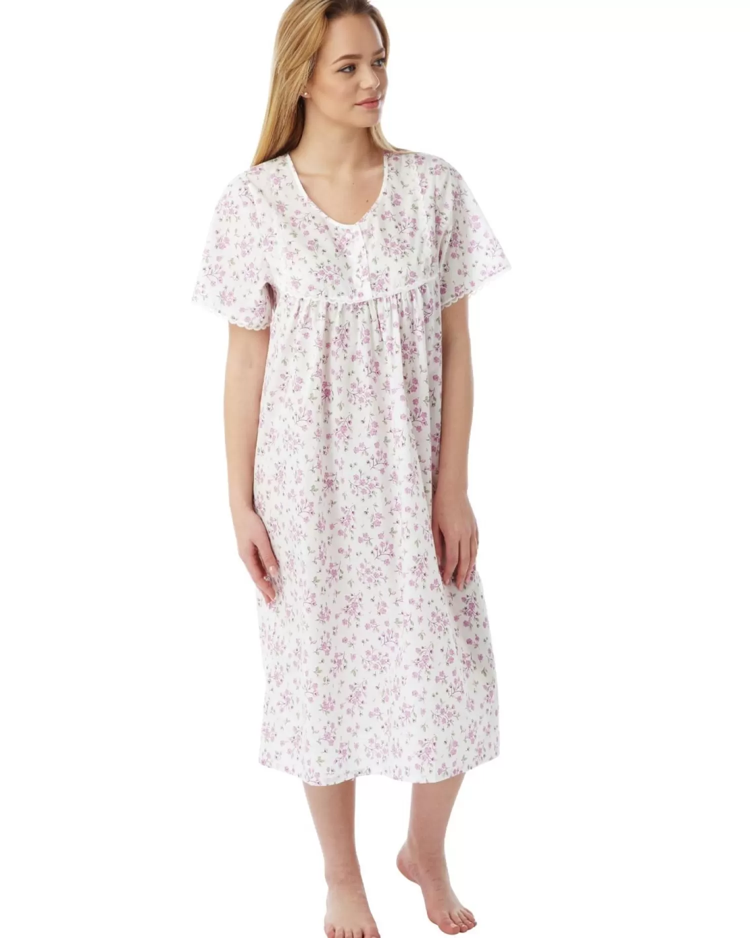 Marlon Nighties | Short Sleeve 45" Woven Nightie - Pink Sprig