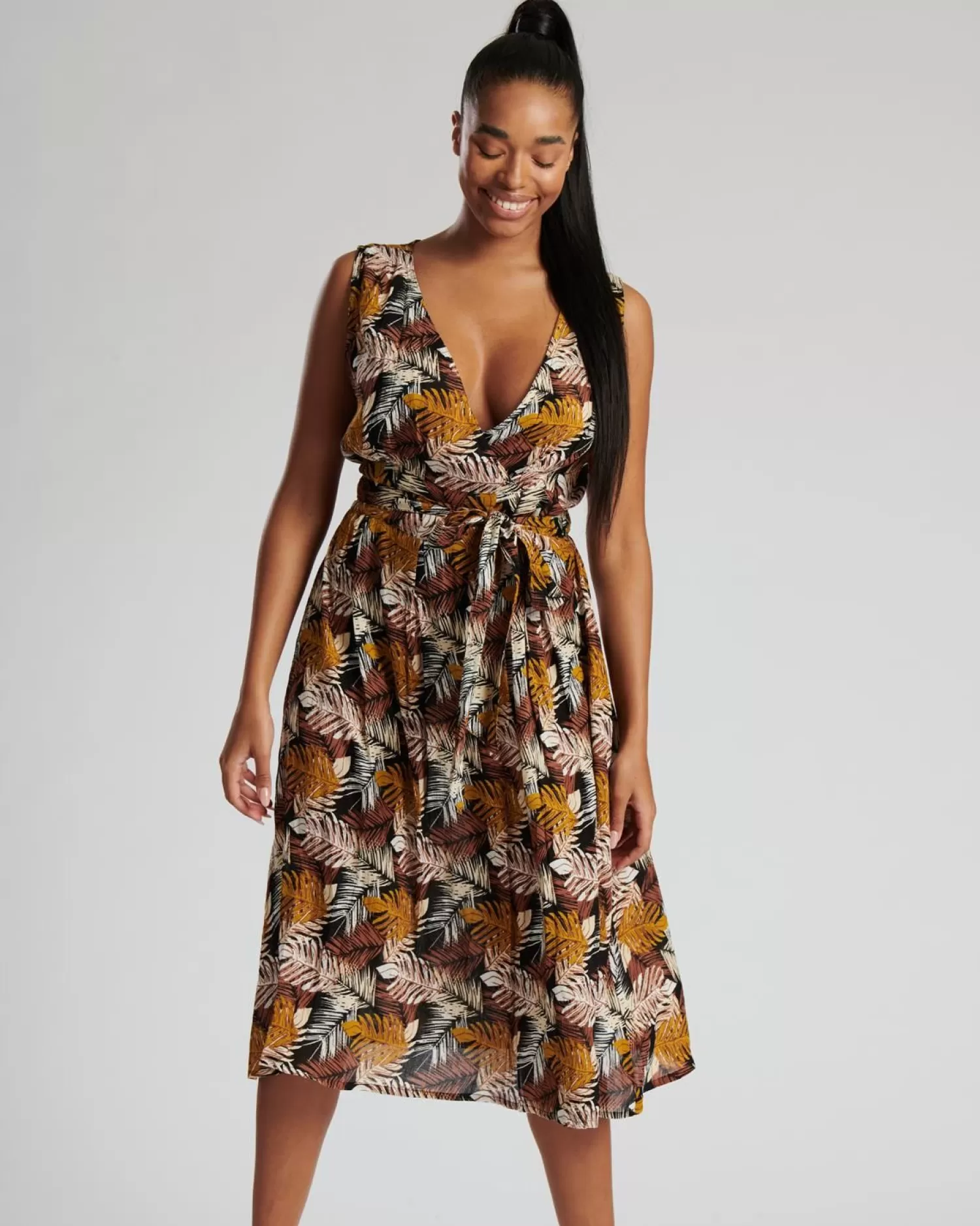 Pistachio Dresses | Wide Cross Over Brown Palm Print Dress