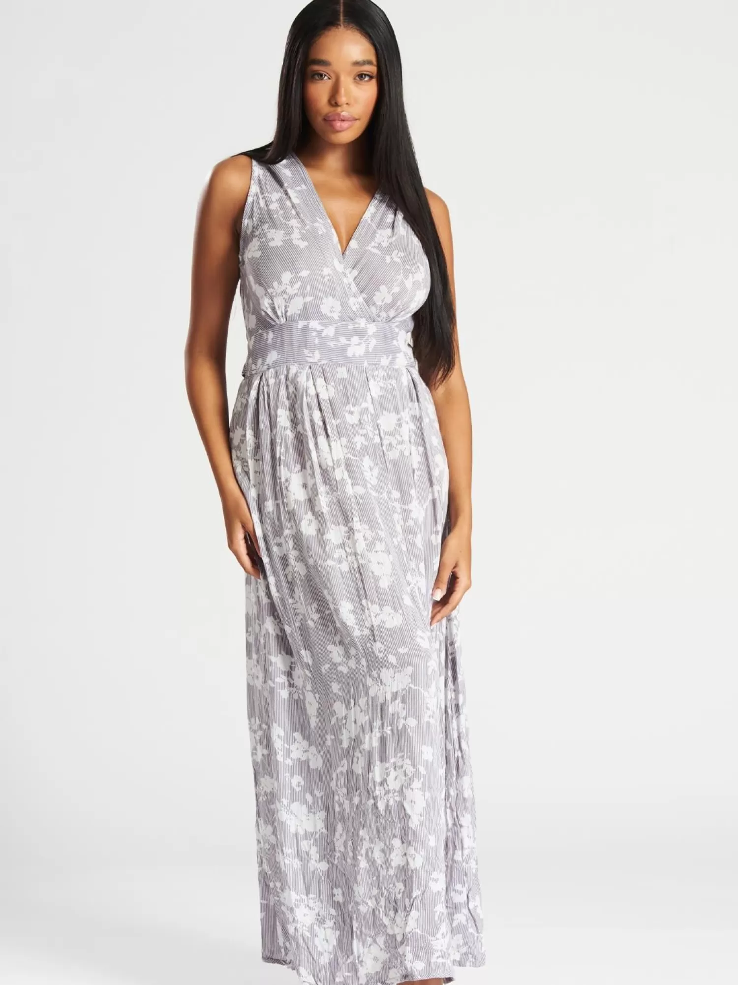 Pistachio Dresses | Wide Cross Over Grey Floral Dress