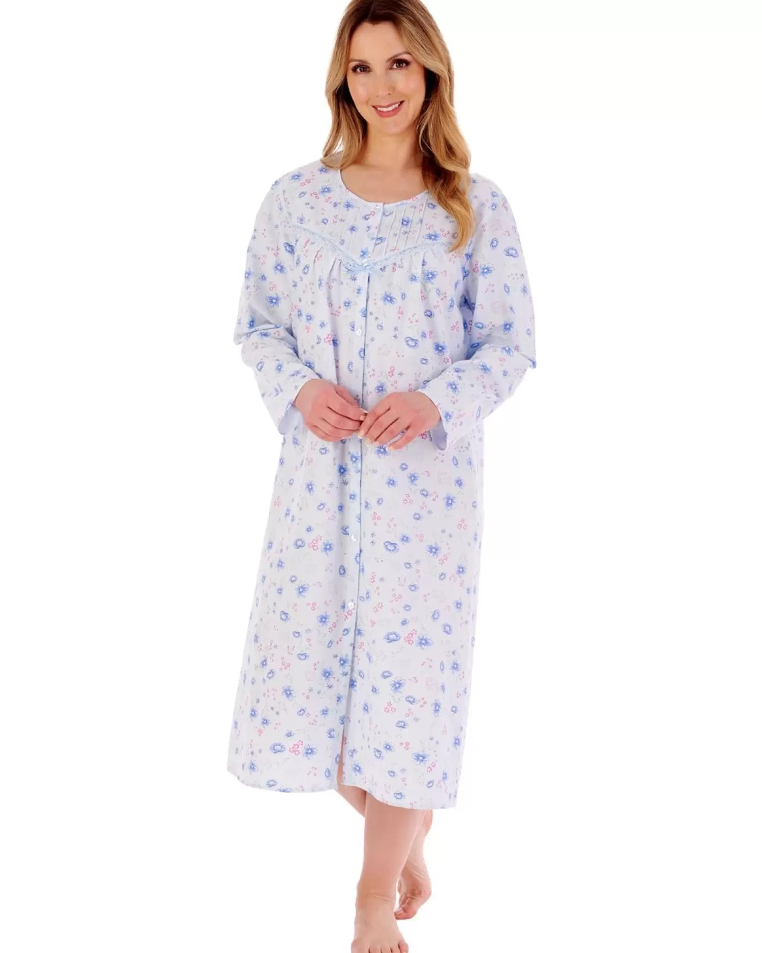 Slenderella Nighties | 100% Woven Cotton Long Sleeve Button Nightie - Blue